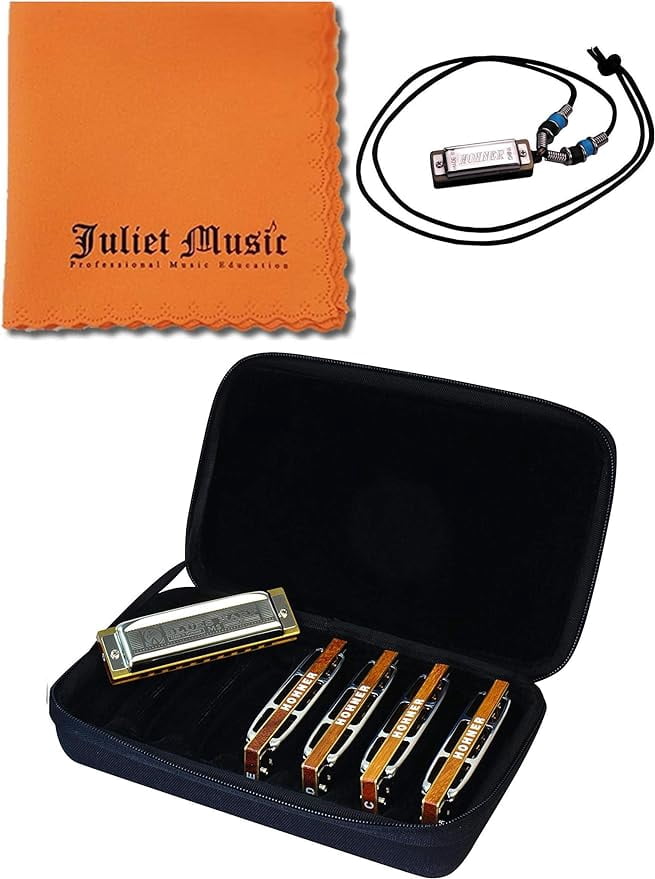 Hohner Case of Blues 5 Pack, Keys of G,A,C,D,E Bundle with Juliet Music Polish Cloth and Hohner N38 Mini Harmonica