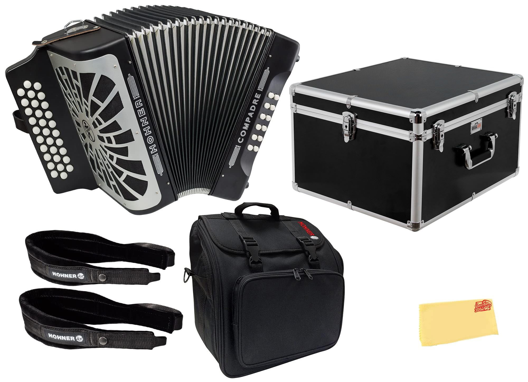 Hohner Compadre FBbEb 3-Row Diatonic Accordion - Black Bundle with Gig Bag, Hard Case, Adjustable Straps, and Austin Bazaar Polishing Cloth