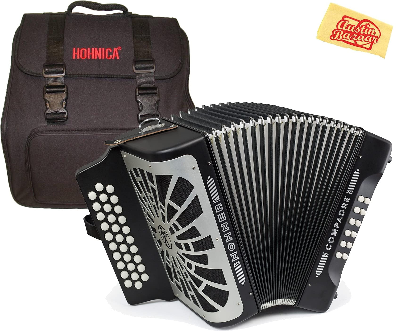 Hohner Compadre FBbEb 3-Row Diatonic Accordion Bundle with Gig Bag and Austin Bazaar Polishing Cloth - Black