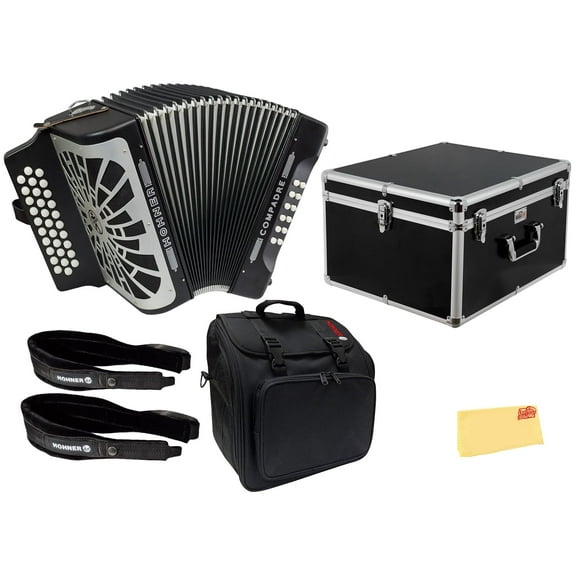Hohner Compadre GCF 3-Row Diatonic Accordion - Black Bundle with Hard Case, Gig Bag, Adjustable Straps, and Austin Bazaar Polishing Cloth