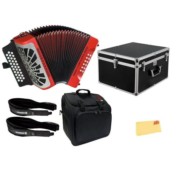 Hohner Compadre GCF 3-Row Diatonic Accordion - Red Bundle with with Adjustable Straps, Gig Bag, Hard Case and Austin Bazaar Polishing Cloth