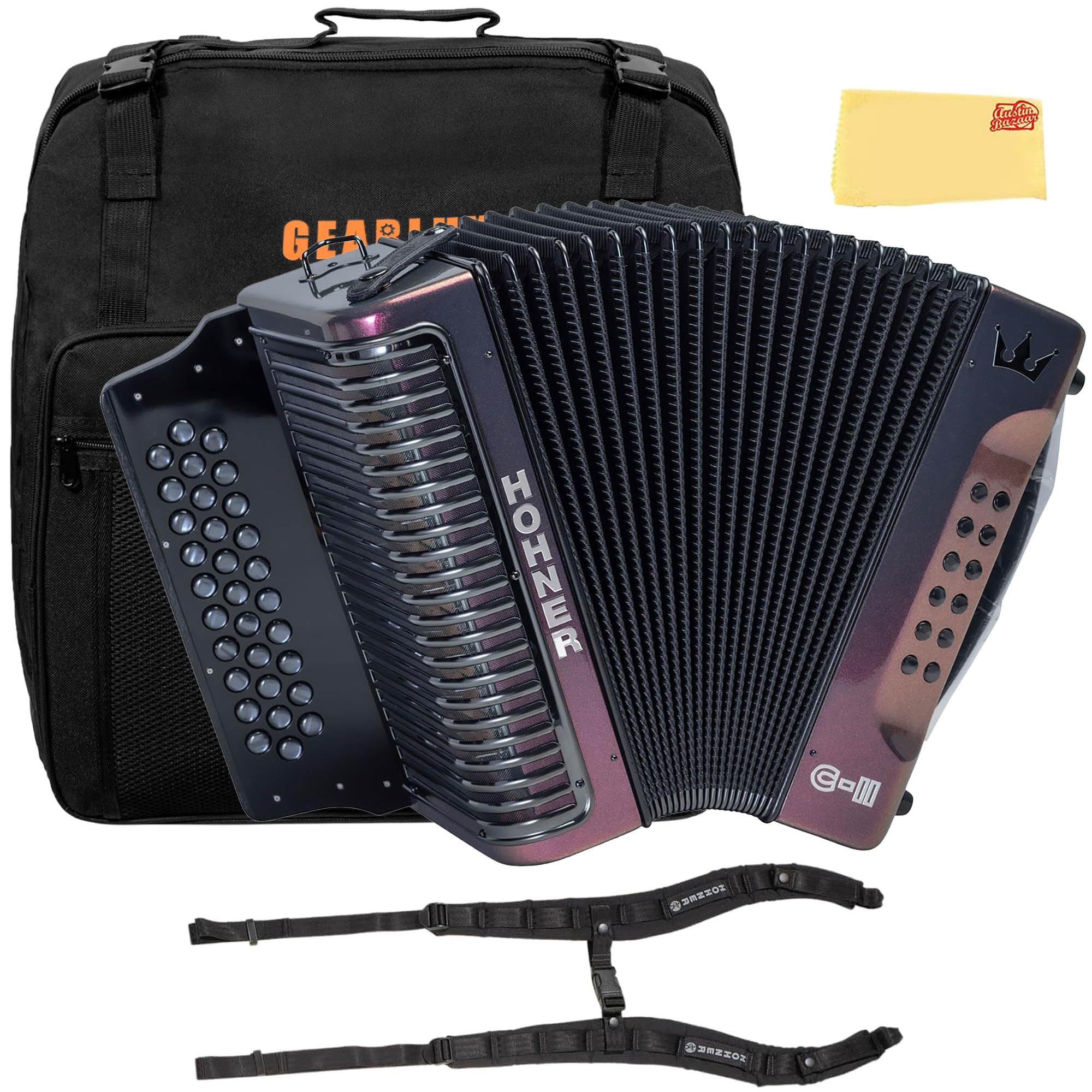 Hohner Corona C-II F/Bb/Eb Accordion - Red to Gold Bundle with Gig Bag, Adjustable Straps, and Austin Bazaar Polishing Cloth