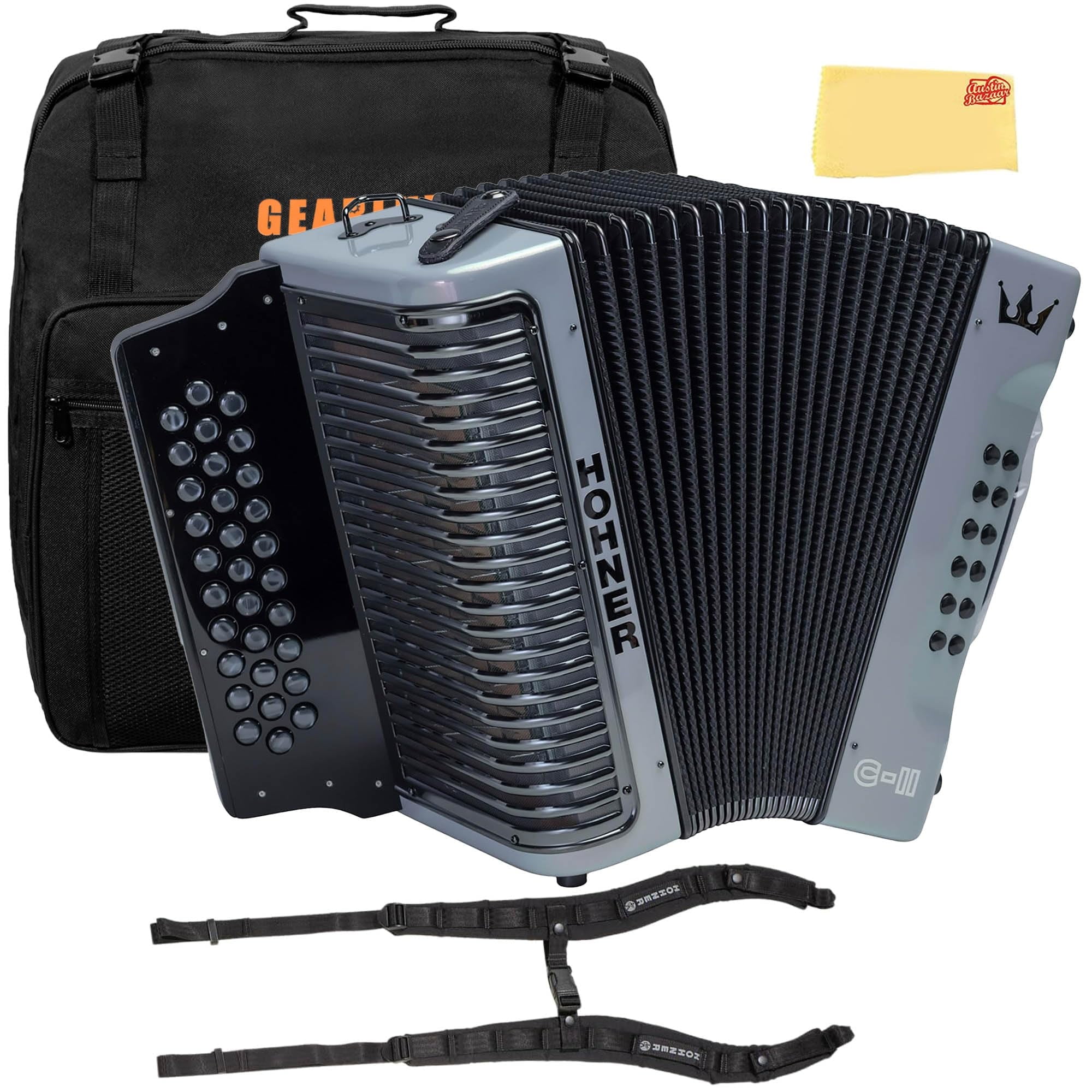 Hohner Corona C-II F/Bb/Eb Accordion - Silver Rainbow Bundle with Gig Bag, Adjustable Straps, and Austin Bazaar Polishing Cloth