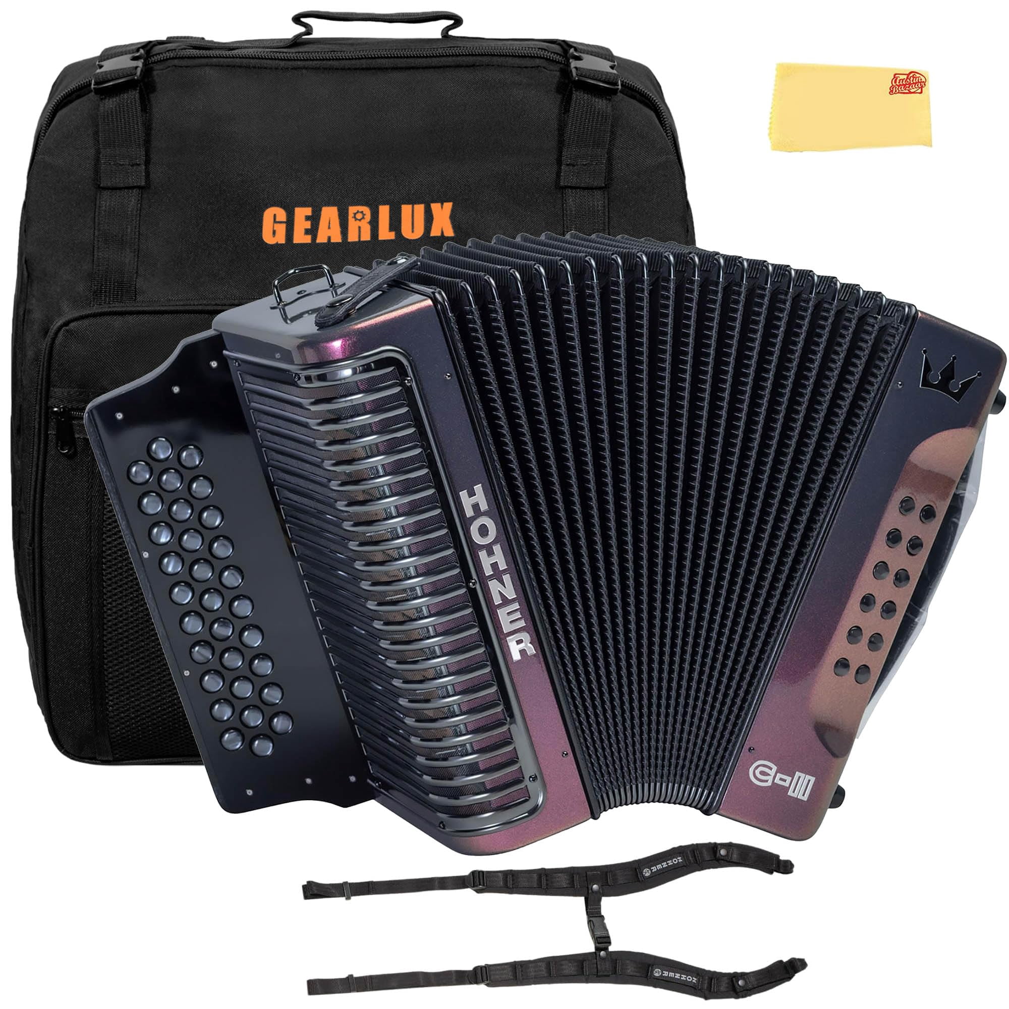 Hohner Corona C-II G/C/F Accordion - Red to Gold Bundle with Gig Bag, Adjustable Straps, and Austin Bazaar Polishing Cloth