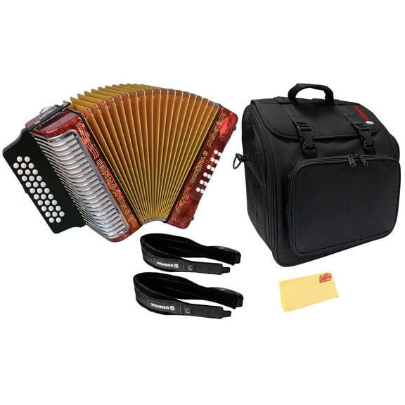 Hohner Corona II F/Bb/Eb Accordion - Pearl Red Bundle with Gig Bag, Straps, and Austin Bazaar Polishing Cloth