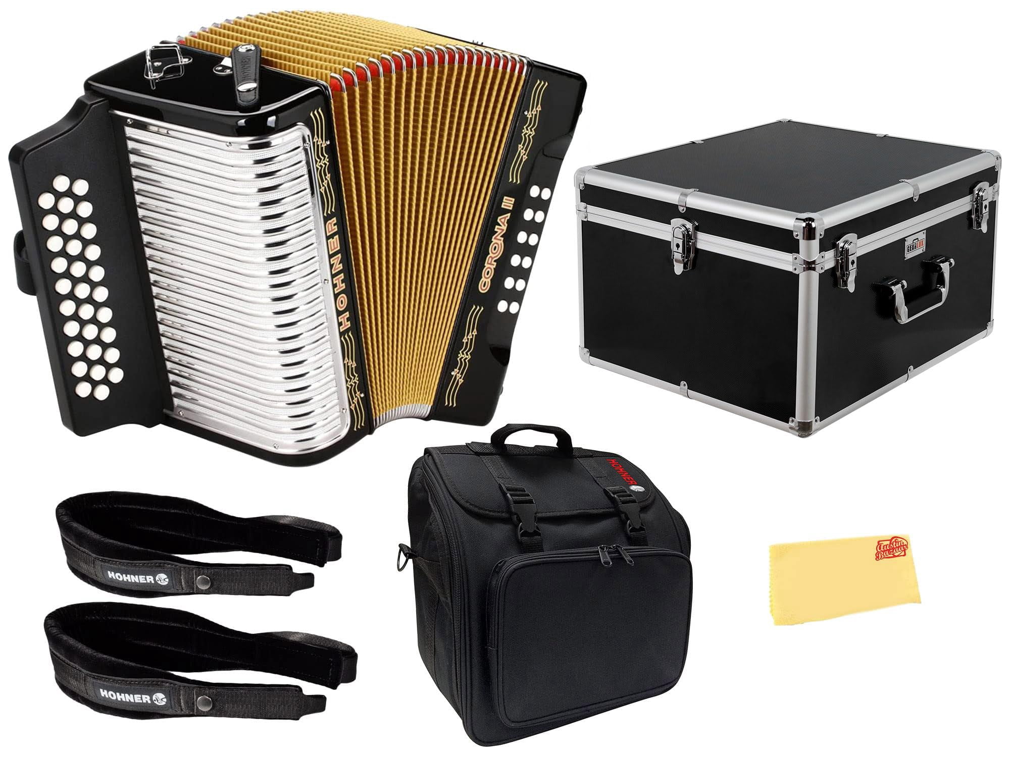 Hohner Corona II G/C/F Accordion - Black Bundle with Case, Gig Bag, Straps, and Austin Bazaar Polishing Cloth