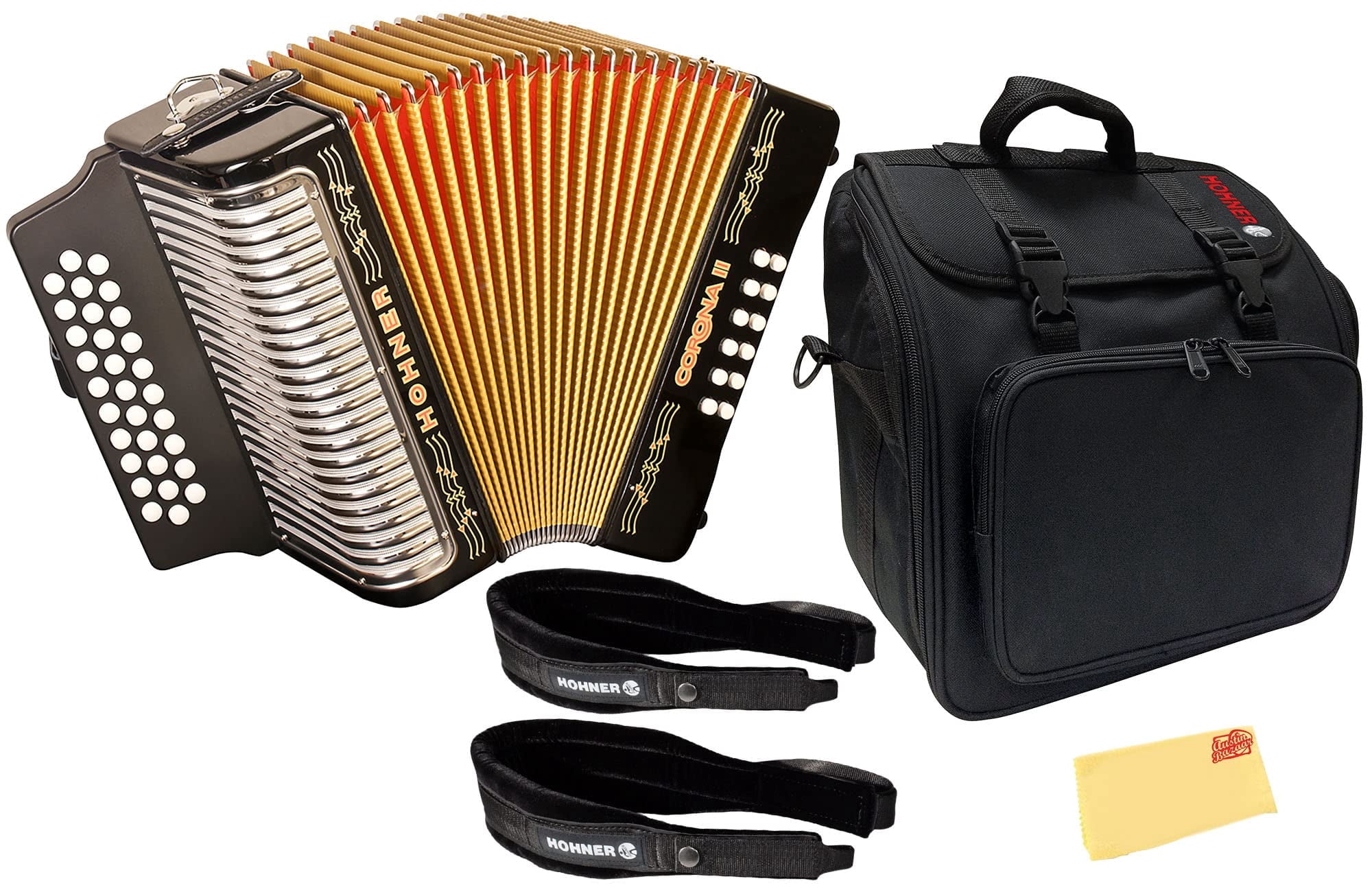 Hohner Corona II G/C/F Accordion - Black Bundle with Gig Bag, Straps, and Austin Bazaar Polishing Cloth