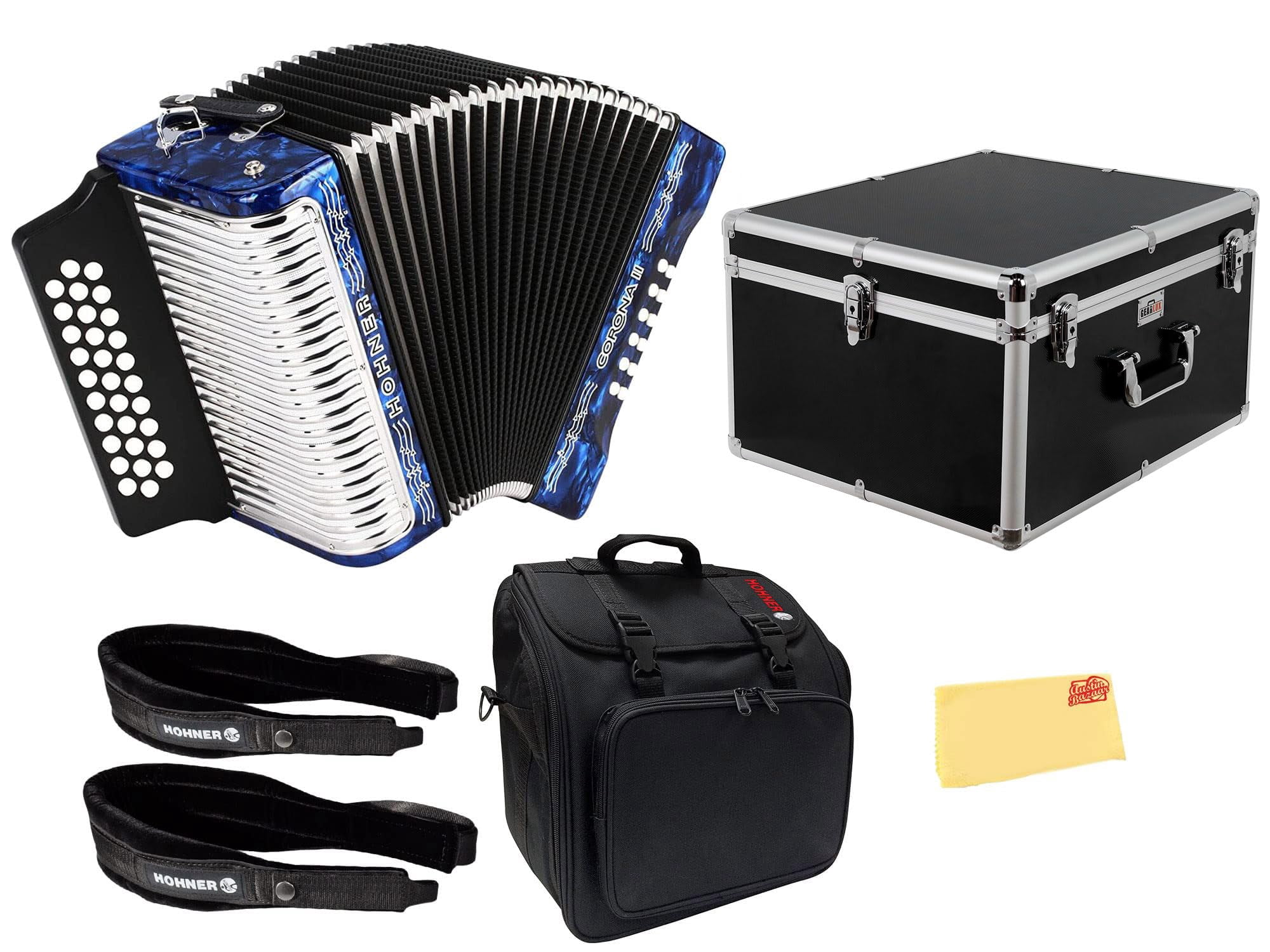 Hohner Corona II G/C/F Accordion - Pearl Dark Blue Bundle with Case, Gig Bag, Straps, and Austin Bazaar Polishing Cloth