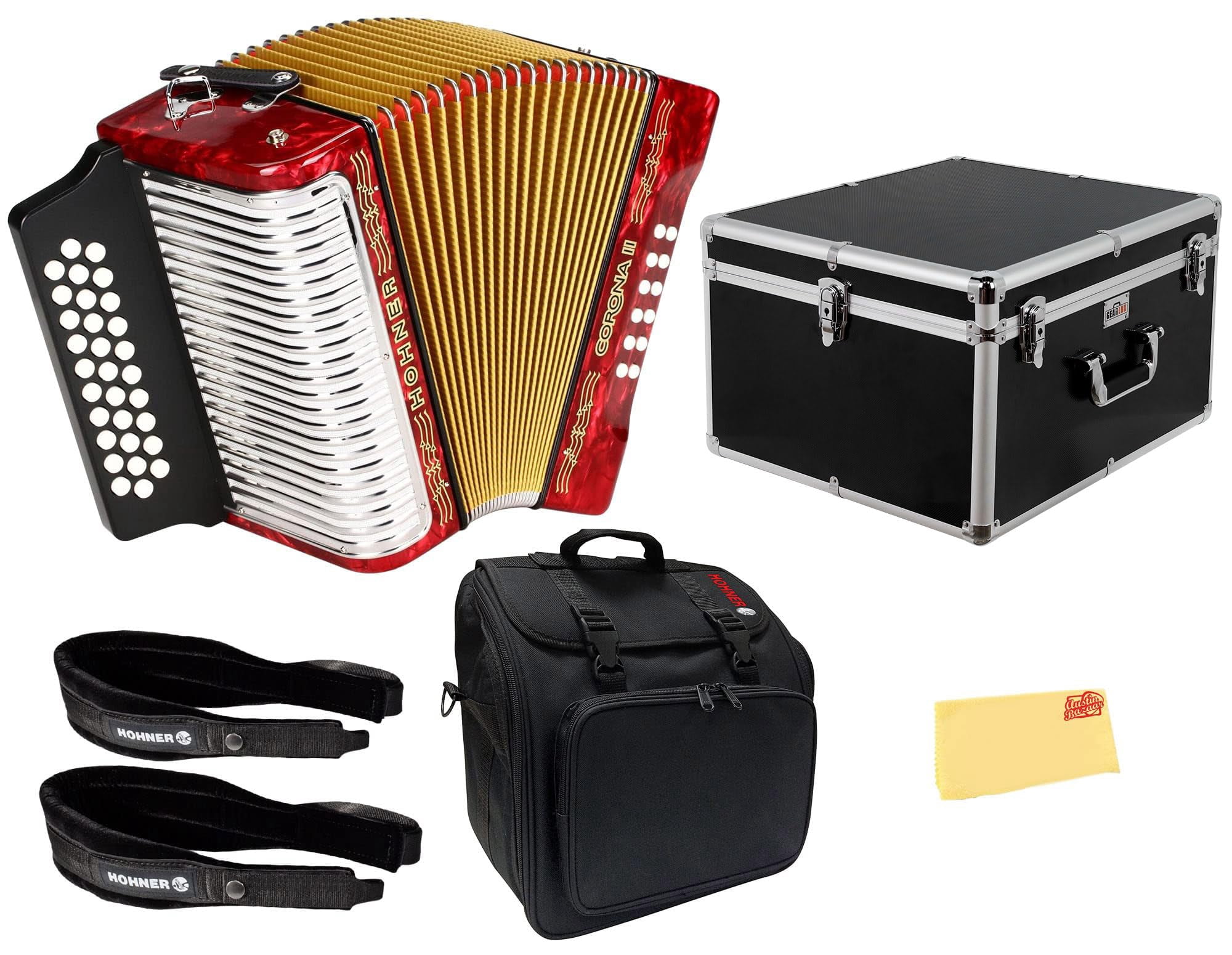 Hohner Corona II G/C/F Accordion - Pearl Red Bundle with Case, Gig Bag, Straps, and Austin Bazaar Polishing Cloth