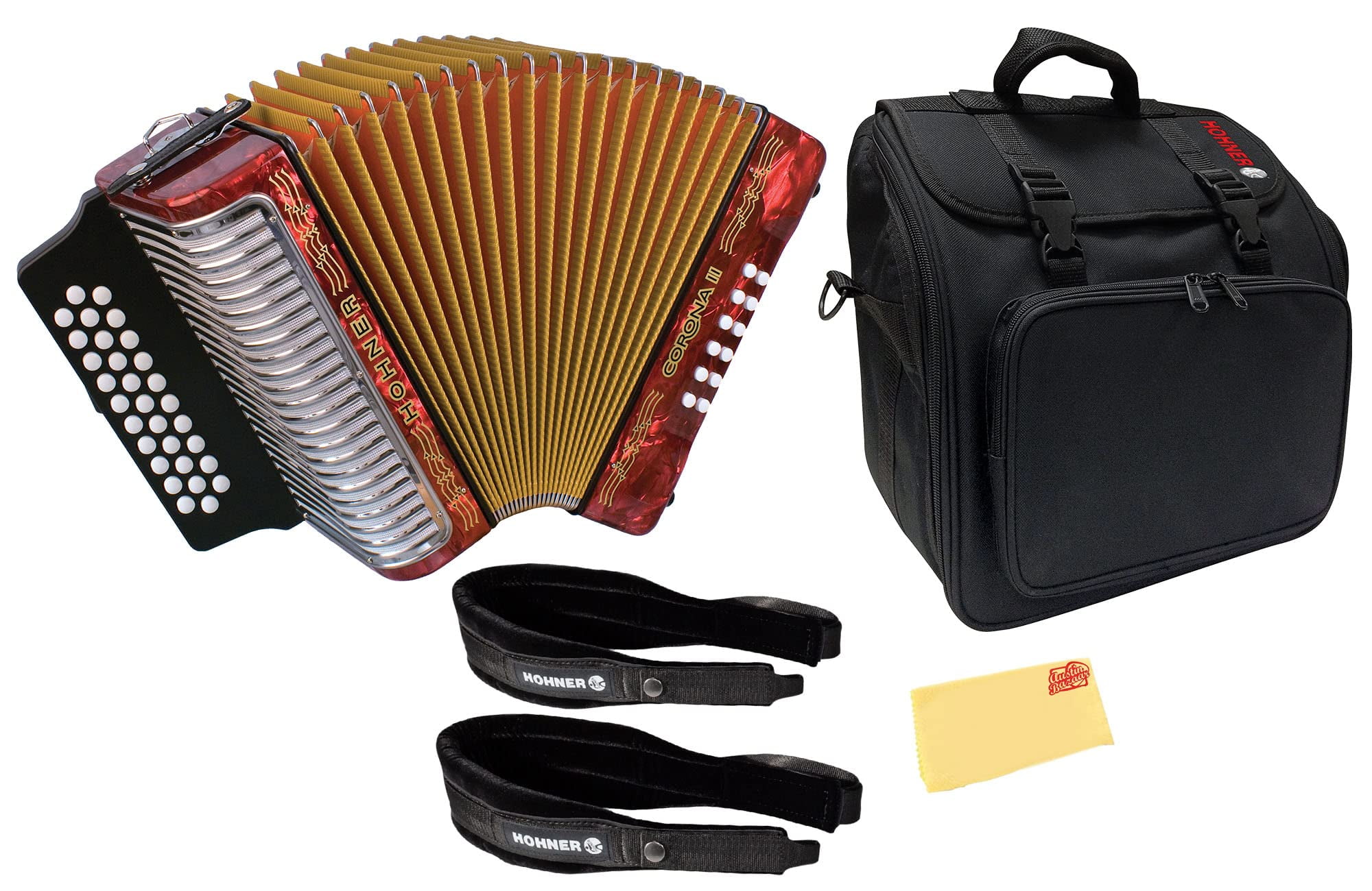 Hohner Corona II G/C/F Accordion - Pearl Red Bundle with Gig Bag, Straps, and Austin Bazaar Polishing Cloth