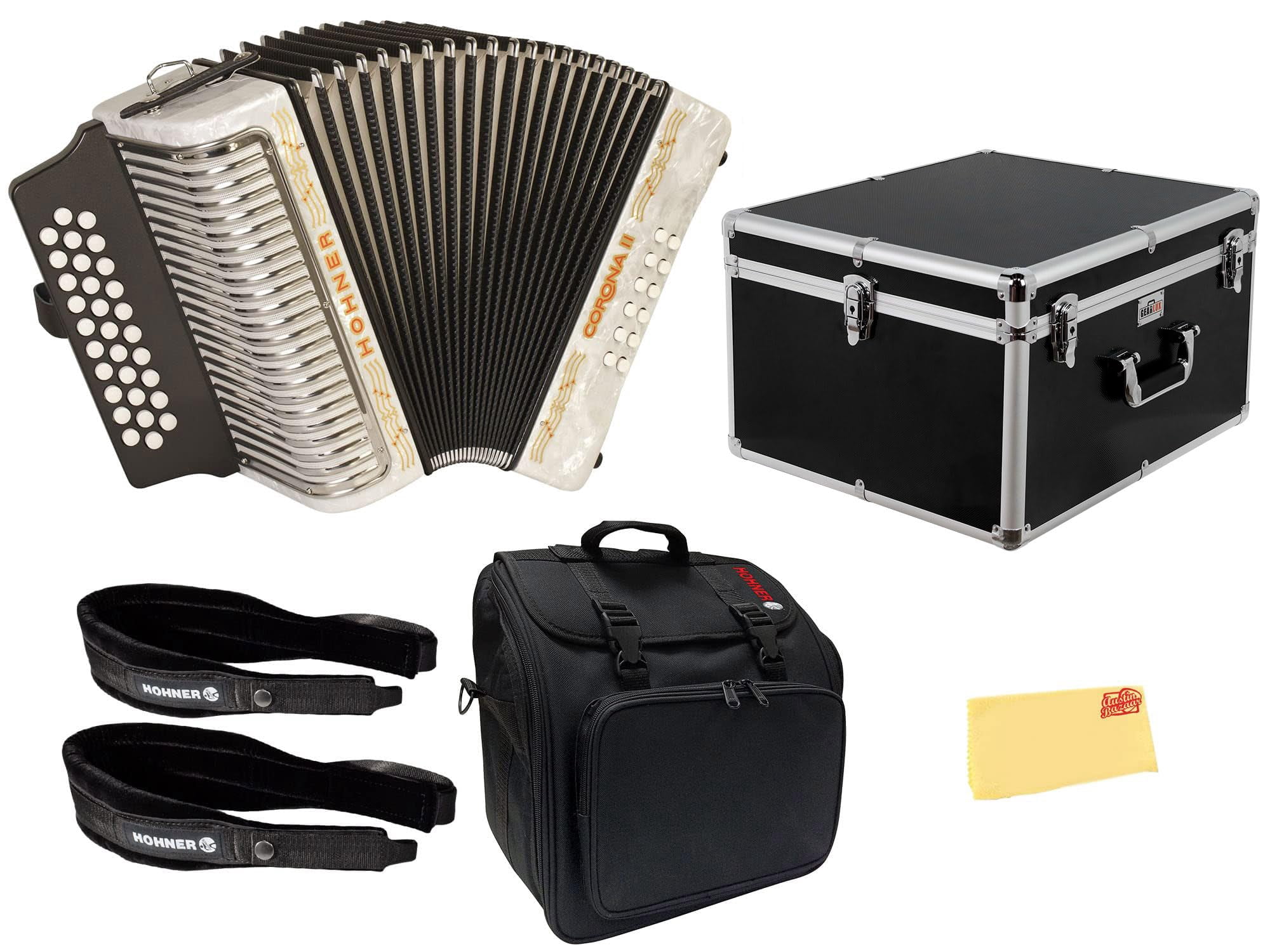 Hohner Corona II G/C/F Accordion - Pearl White Bundle with Case, Gig Bag, Straps, and Austin Bazaar Polishing Cloth