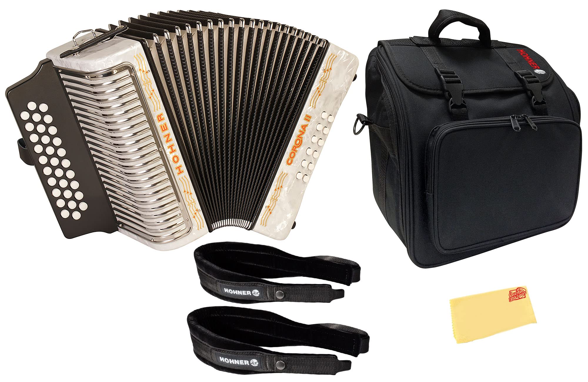 Hohner Corona II G/C/F Accordion - Pearl White Bundle with Gig Bag, Straps, and Austin Bazaar Polishing Cloth