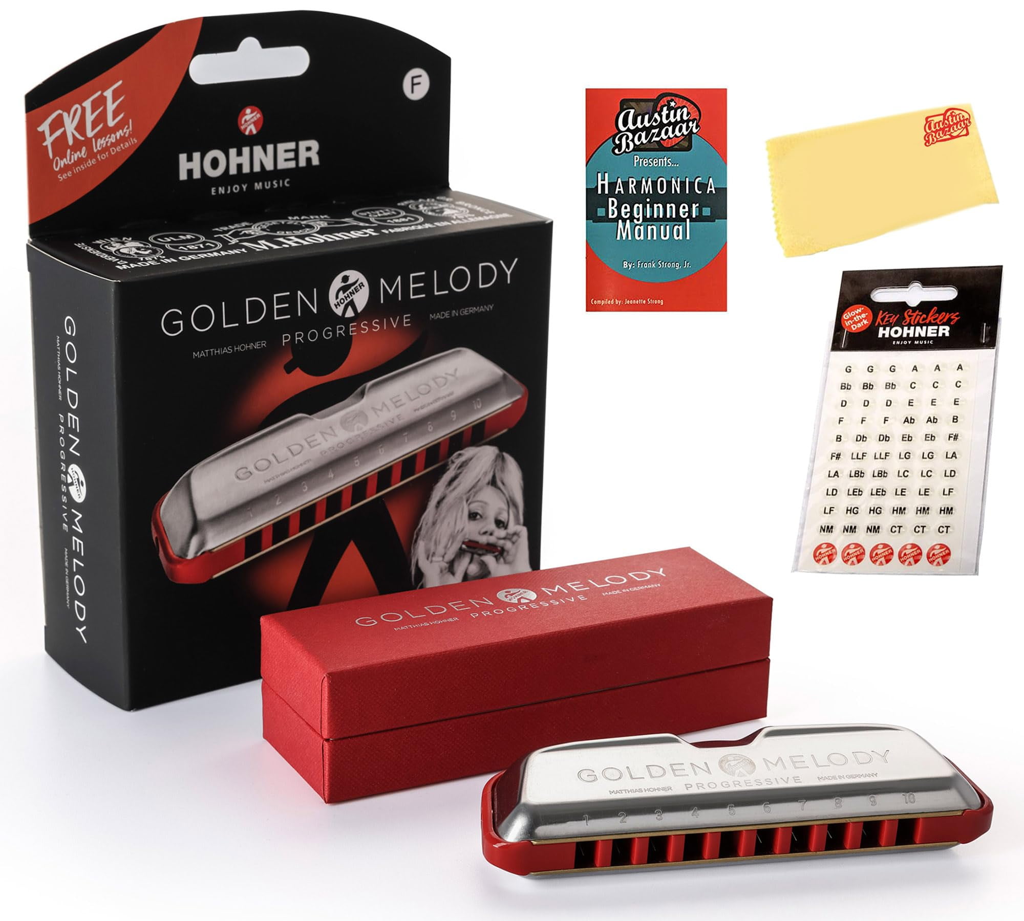 Hohner Golden Melody Harmonica Bundle with Carrying Case, Key Stickers, Harmonica Beginner Manual, and Austin Bazaar Polishing Cloth - Key of F