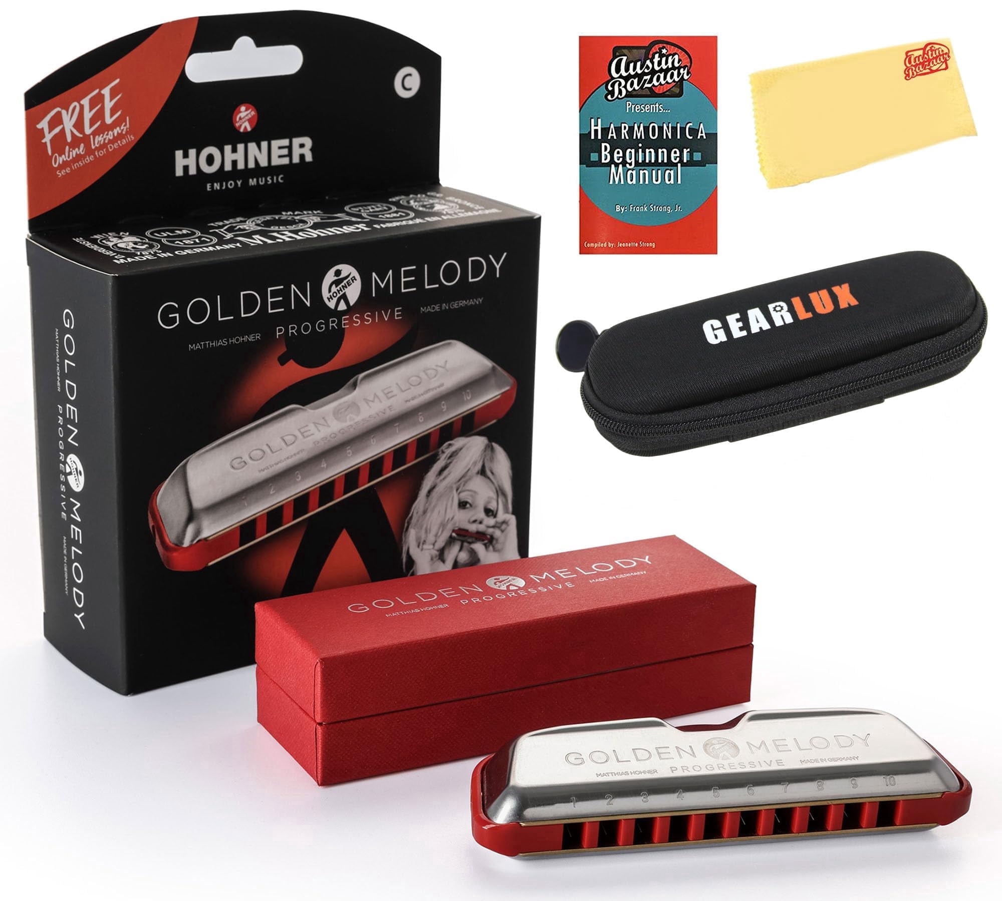 Hohner 544 Golden Melody Harmonica - Key of C w/ Instructional Manual