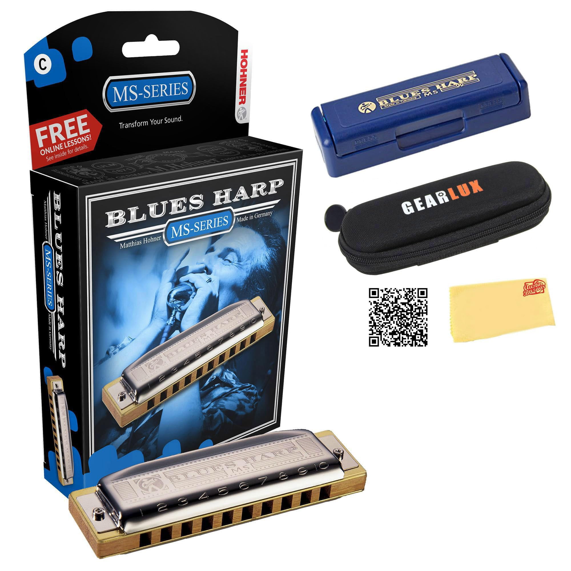 Hohner Harmonica 532 Blues Harp MS - Key of A Bundle with Case, Pouch, Harmonica Beginner Online Manual, and Austin Bazaar Polishing Cloth