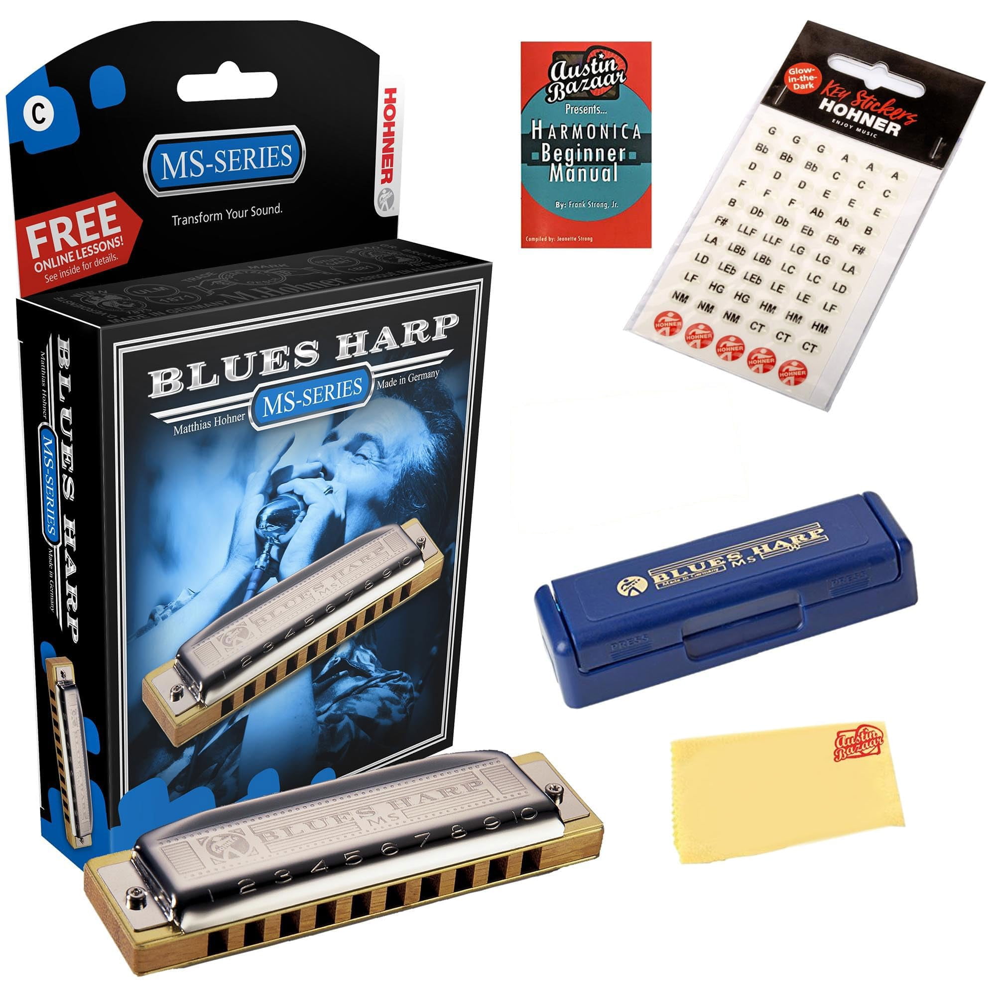 Hohner Harmonica 532 Blues Harp MS - Key of A Bundle with Key Stickers, Harmonica Beginner Manual, and Austin Bazaar Polishing Cloth