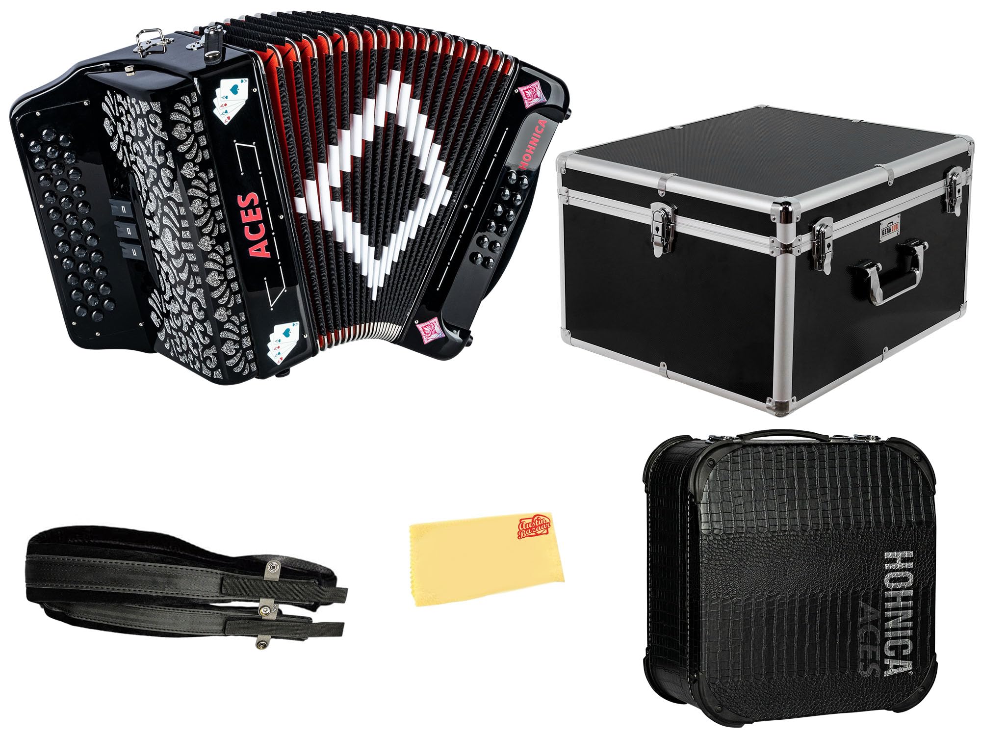 Hohner Hohnica Aces II 34-Button Accordion with 3 Registers - EAD Bundle with Hard Case, Gig Bag, Adjustable Straps, and Austin Bazaar Polishing Cloth