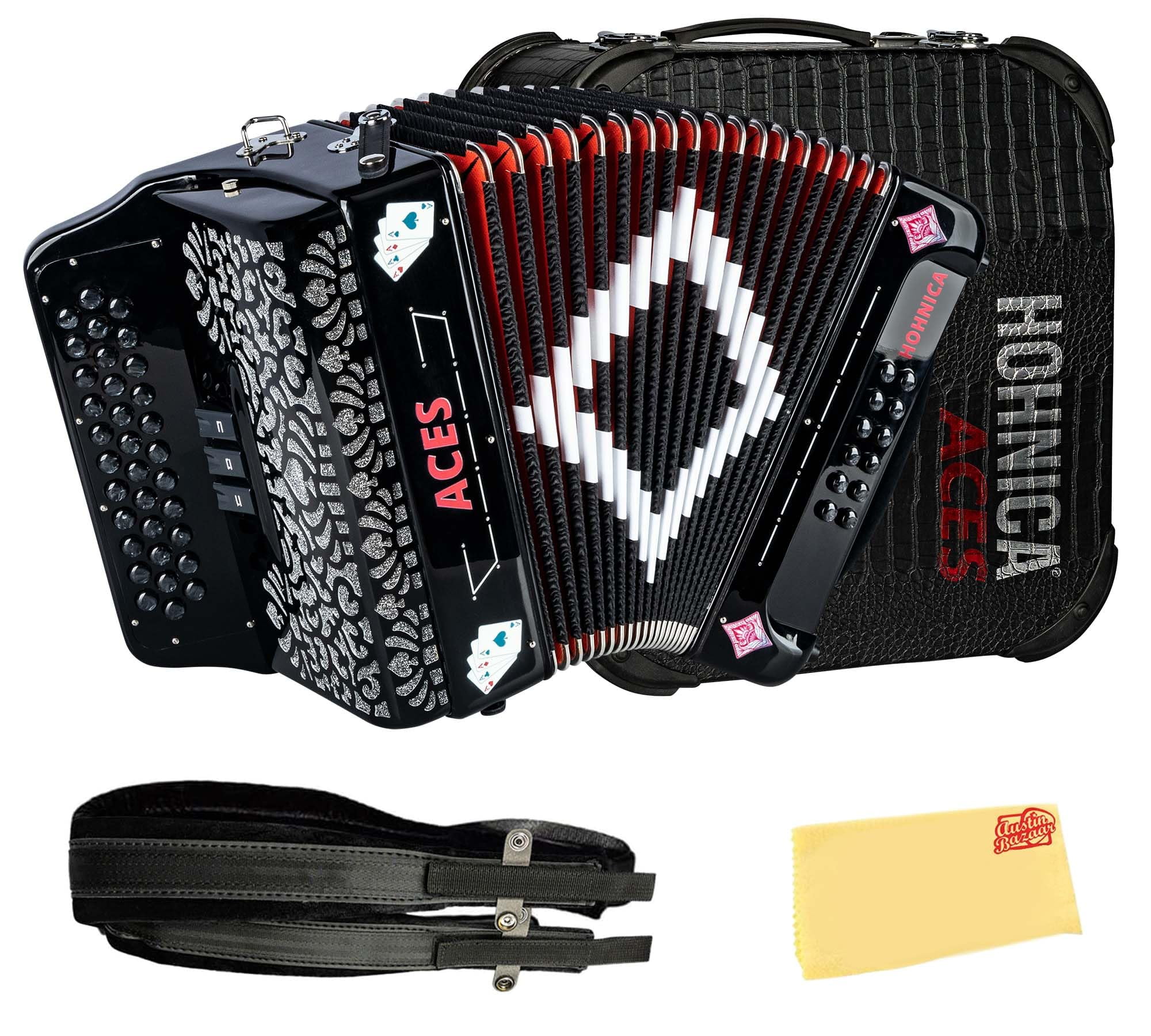 Hohner Hohnica Aces II 34-Button Accordion with 3 Registers - FBbEb Bundle with Gig Bag, Adjustable Straps, and Austin Bazaar Polishing Cloth