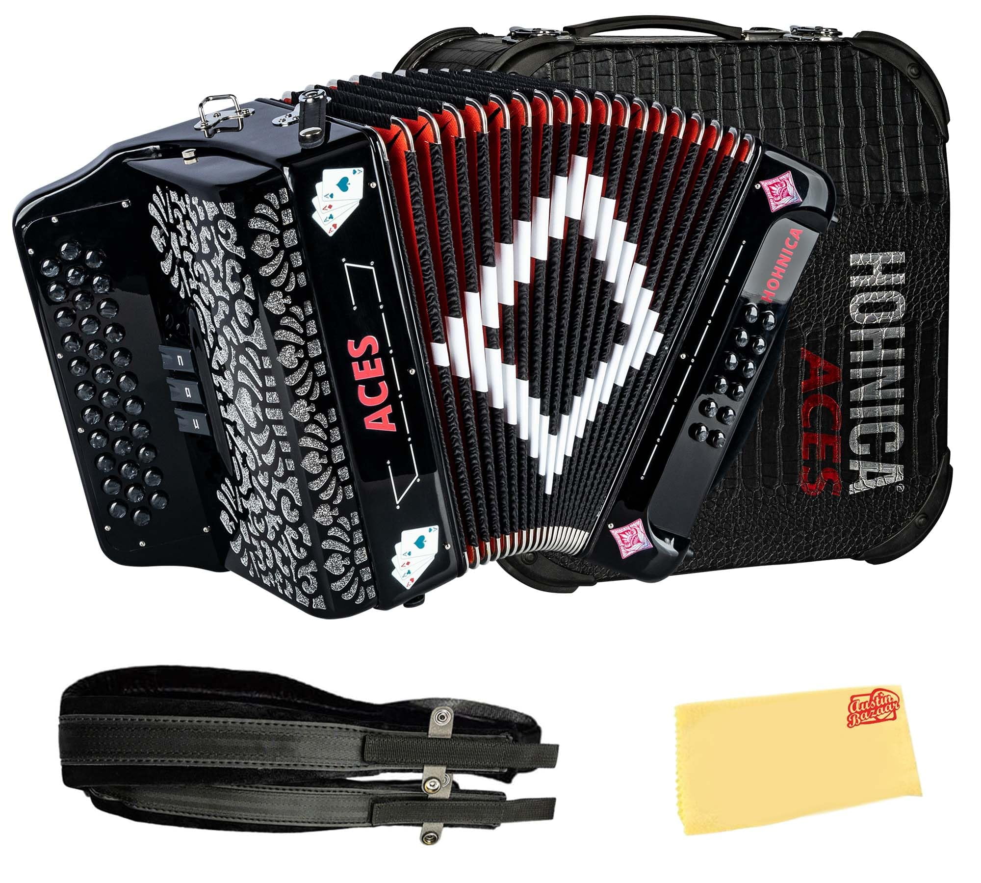 Hohner Hohnica Aces II 34-Button Accordion with 3 Registers - GCF Bundle with Gig Bag, Adjustable Straps, and Austin Bazaar Polishing Cloth