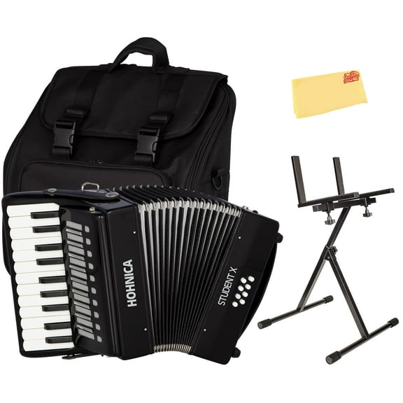 Hohner Hohnica Student X 30-Key 8 Bass Piano Accordion - Black Bundle with Gig Bag, Adjustable Stand, and Austin Bazaar Polishing Cloth