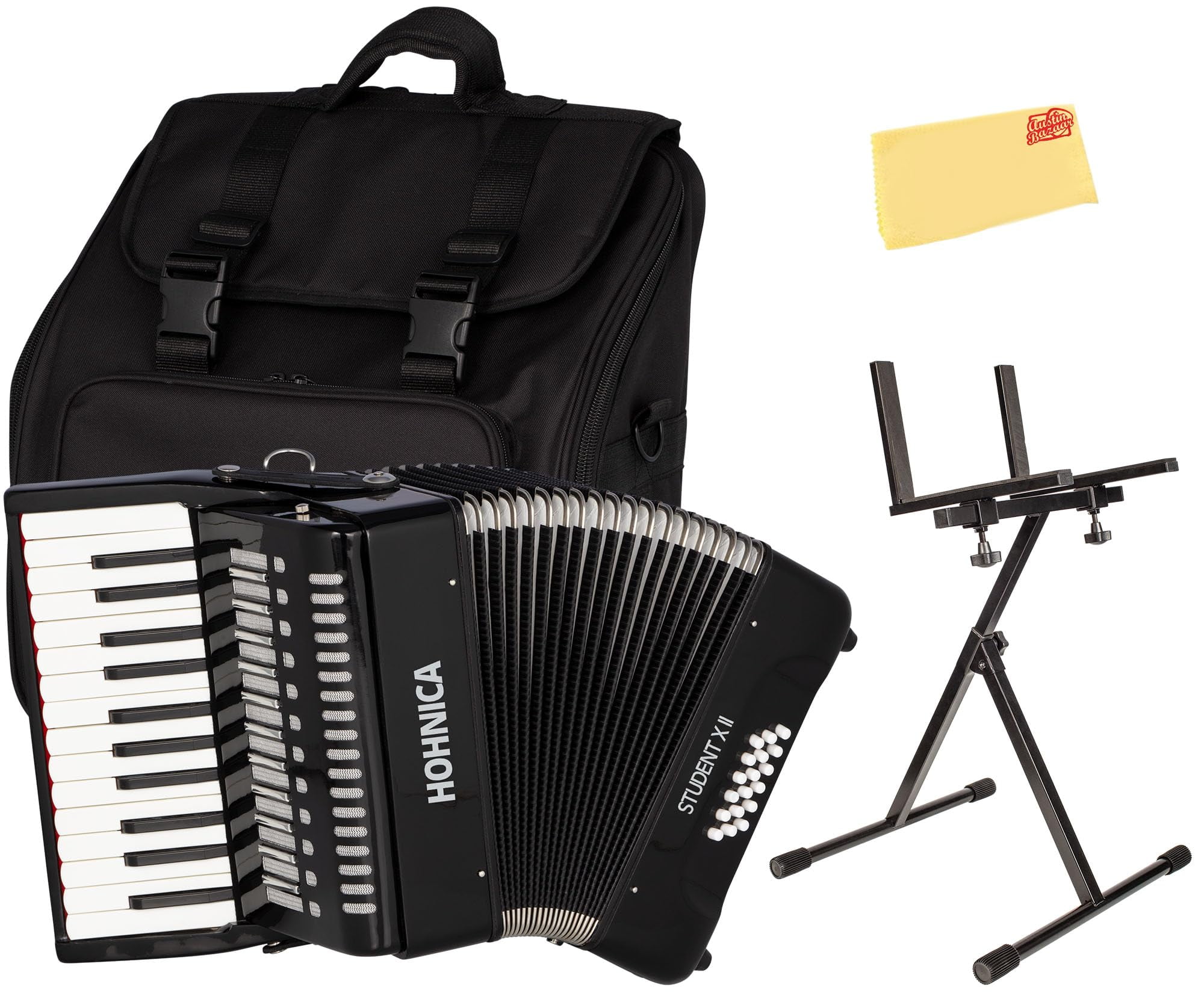 Hohner Hohnica Student XII 44-Key 18 Bass Piano Accordion - Black Bundle with Gig Bag, Adjustable Stand, and Austin Bazaar Polishing Cloth
