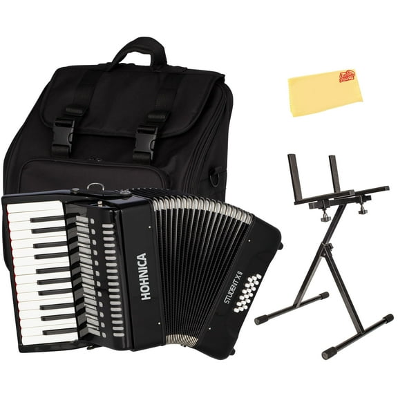 Hohner Hohnica Student XII 44-Key 18 Bass Piano Accordion - Black Bundle with Gig Bag, Adjustable Stand, and Austin Bazaar Polishing Cloth