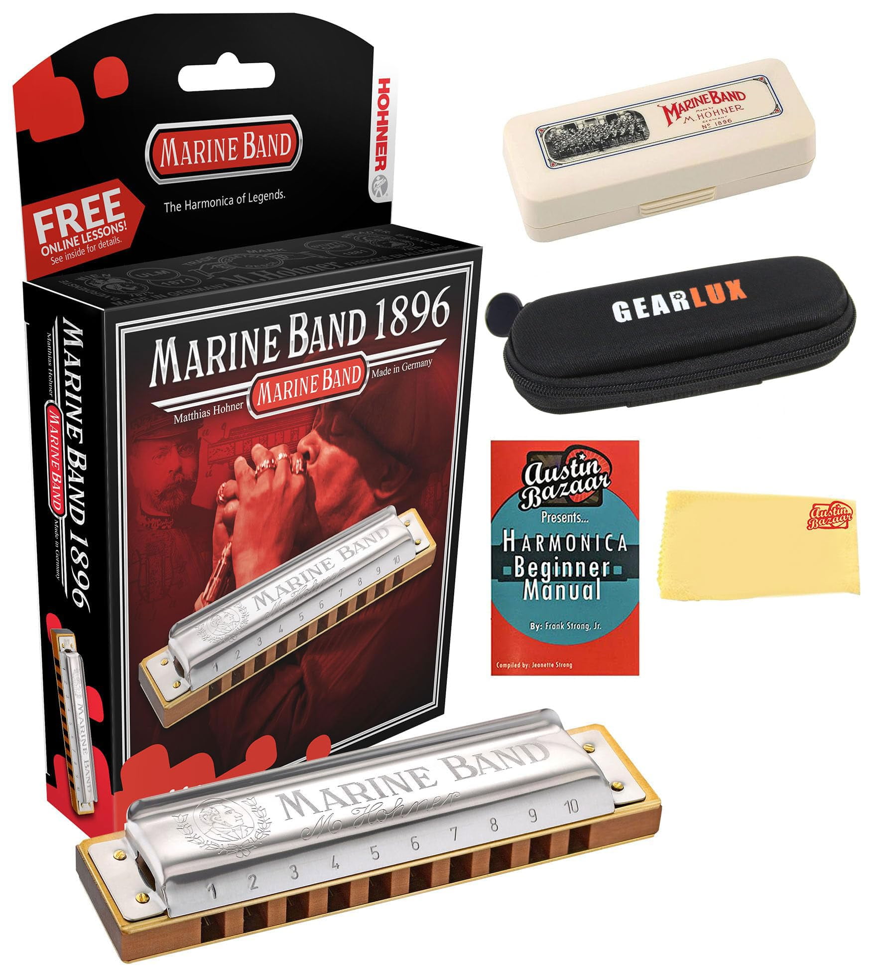 Hohner Marine Band 1896 Classic Harmonica - Key of Bb Bundle with Carrying Case, Zip Case, Instructional Manual, and Austin Bazaar Polishing Cloth