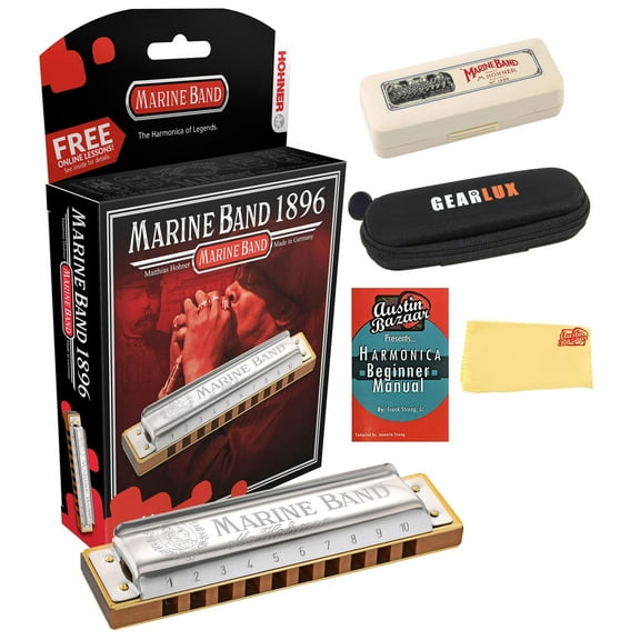 Hohner Marine Band 1896 Classic Harmonica - Key of Bb Bundle with Carrying Case, Zip Case, Instructional Manual, and Austin Bazaar Polishing Cloth