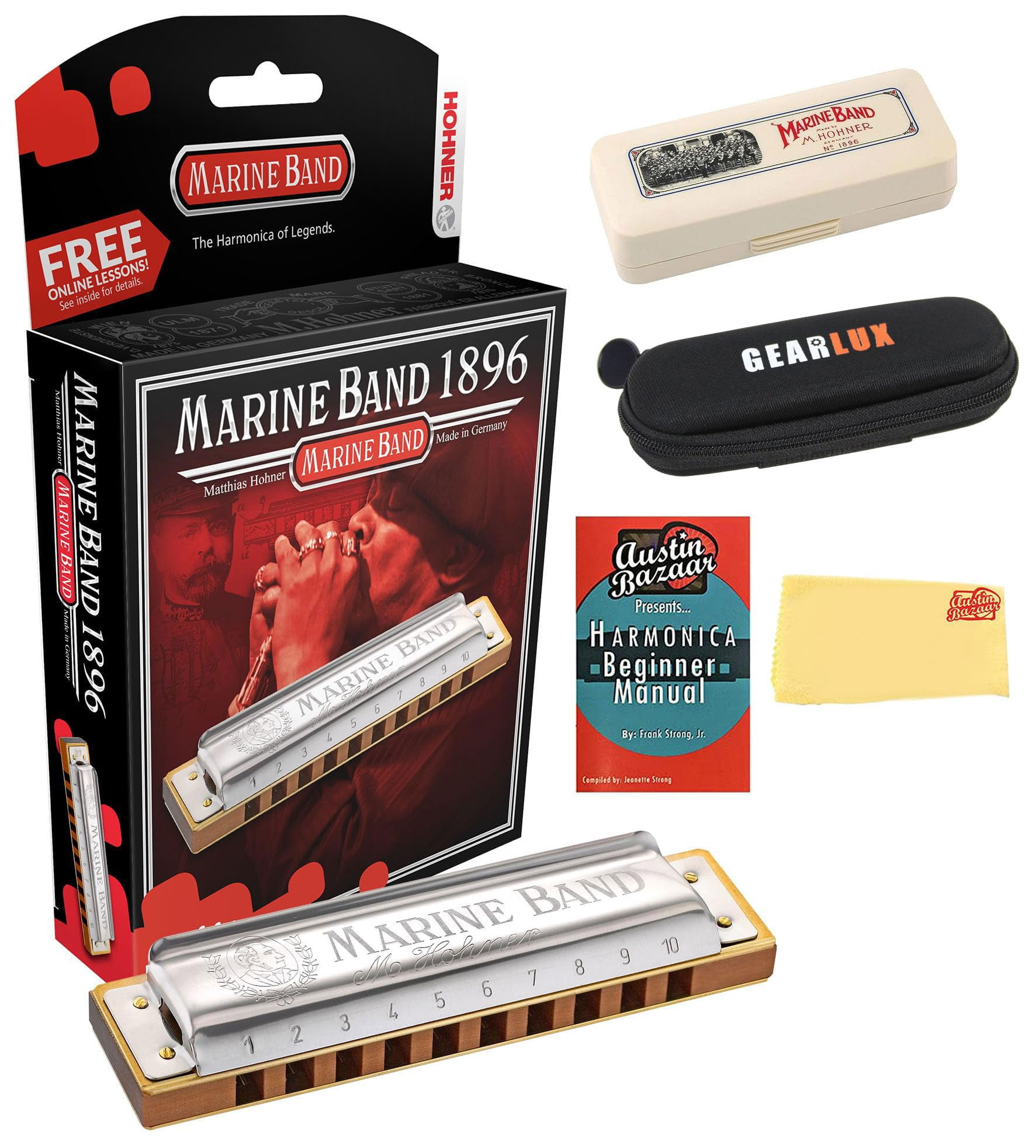 Hohner Marine Band 1896 Classic Harmonica - Key of C# Bundle with Carrying Case, Zip Case, Instructional Manual, and Austin Bazaar Polishing Cloth