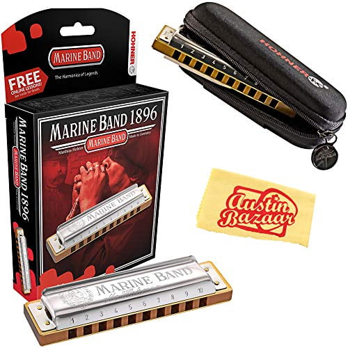 Hohner Marine Band 1896 Classic Harmonica - Key of F Bundle with Carrying Case, Polishing Cloth