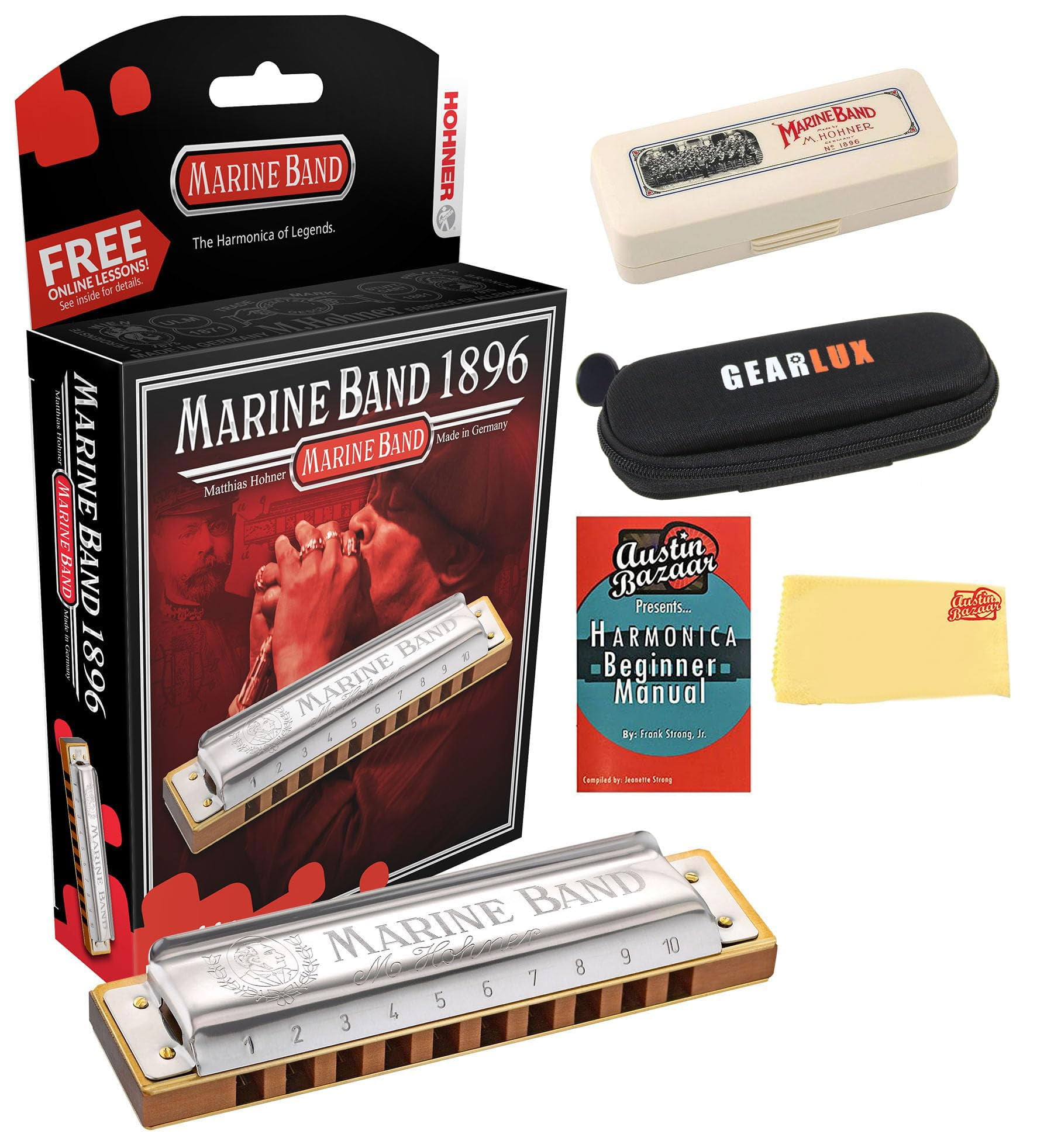 Hohner Marine Band 1896 Harmonica - Key of F Sharp w/ Instructional Manual