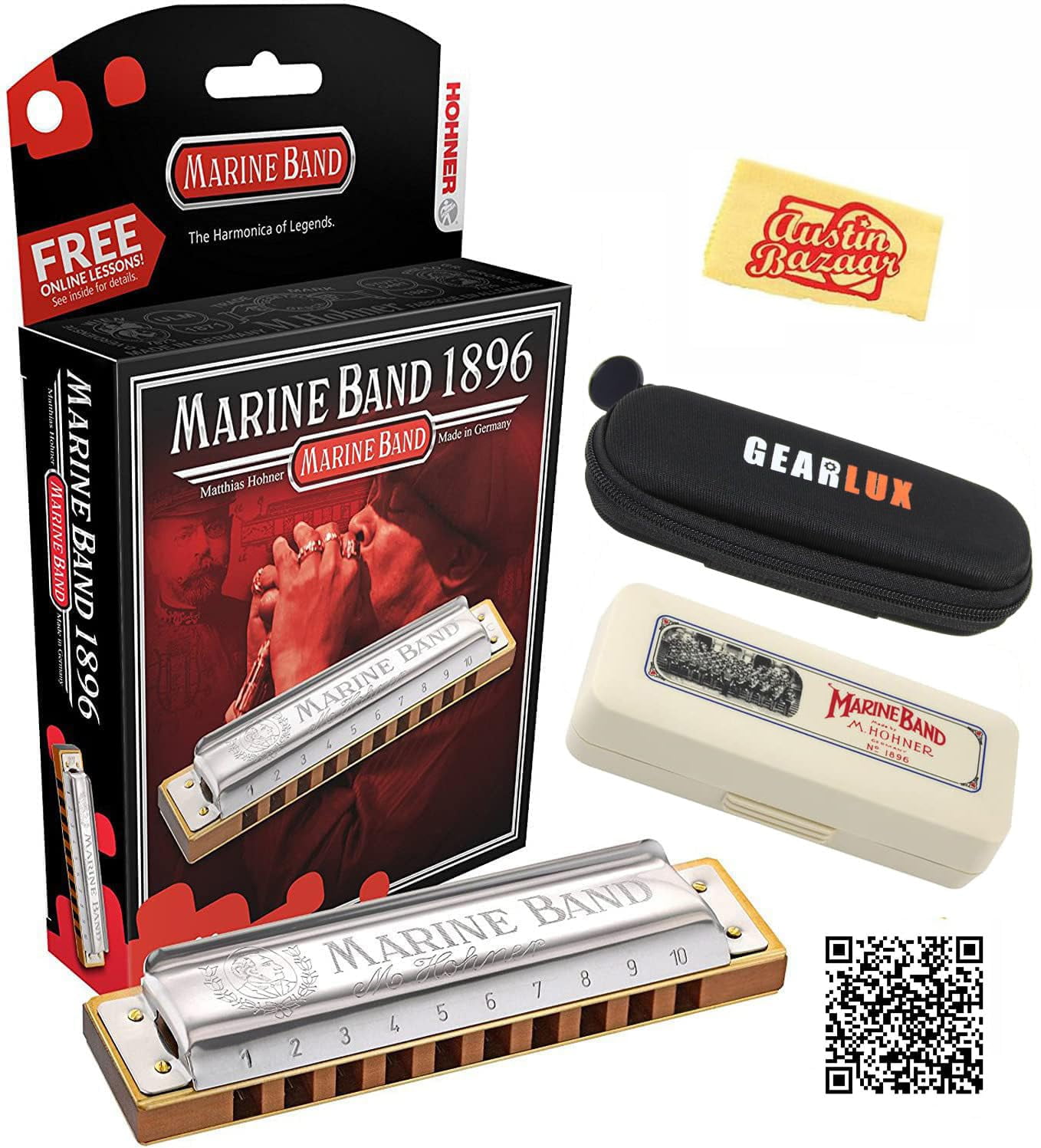 Hohner Marine Band 1896 Harmonica - Key of F Bundle with Case, Pouch, Online Manual, and Austin Bazaar Polishing Cloth