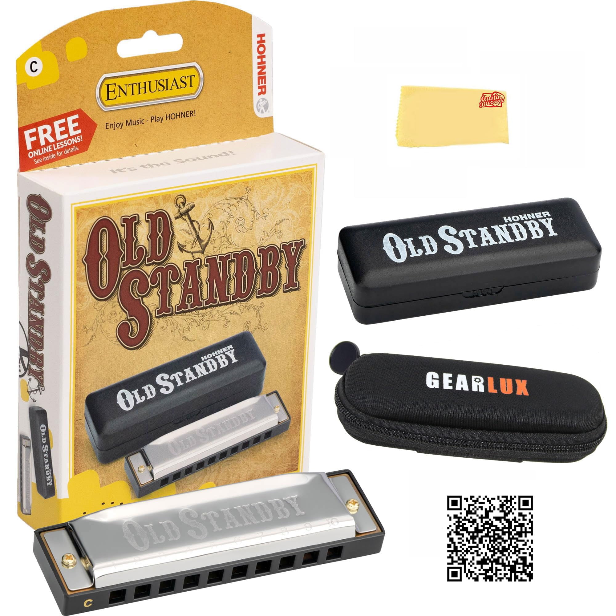 Hohner Old Standby Harmonica - Key of C Bundle with Case, Pouch, Online Manual, and Austin Bazaar Polishing Cloth