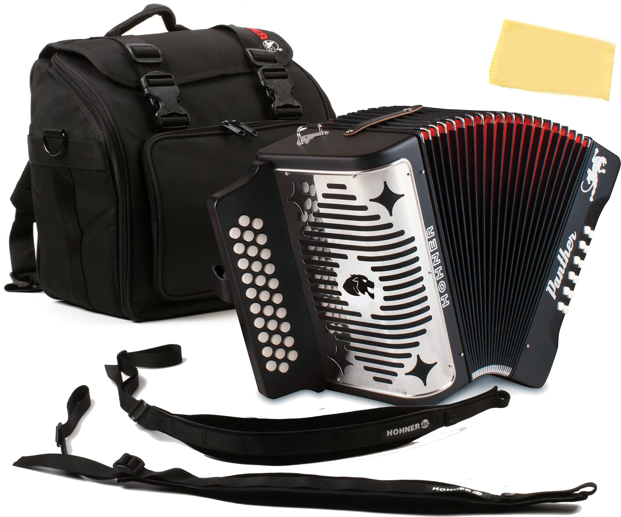 Hohner Panther Diatonic Accordion - Keys G/C/F Bundle with Hohner Accordion Road Kit and Austin Bazaar Polishing Cloth