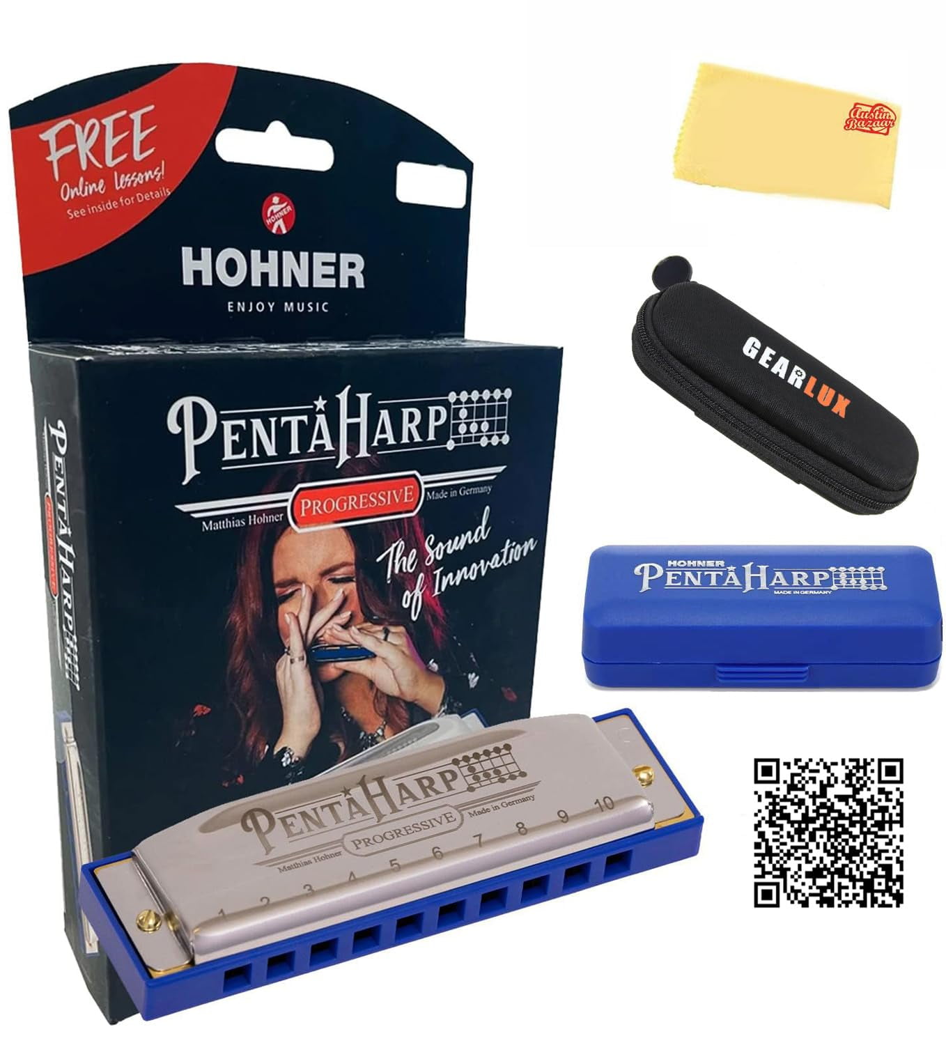 Hohner PentaHarp Harmonica - Key of A Minor Bundle with Case, Pouch, Online Manual, and Austin Bazaar Polishing Cloth