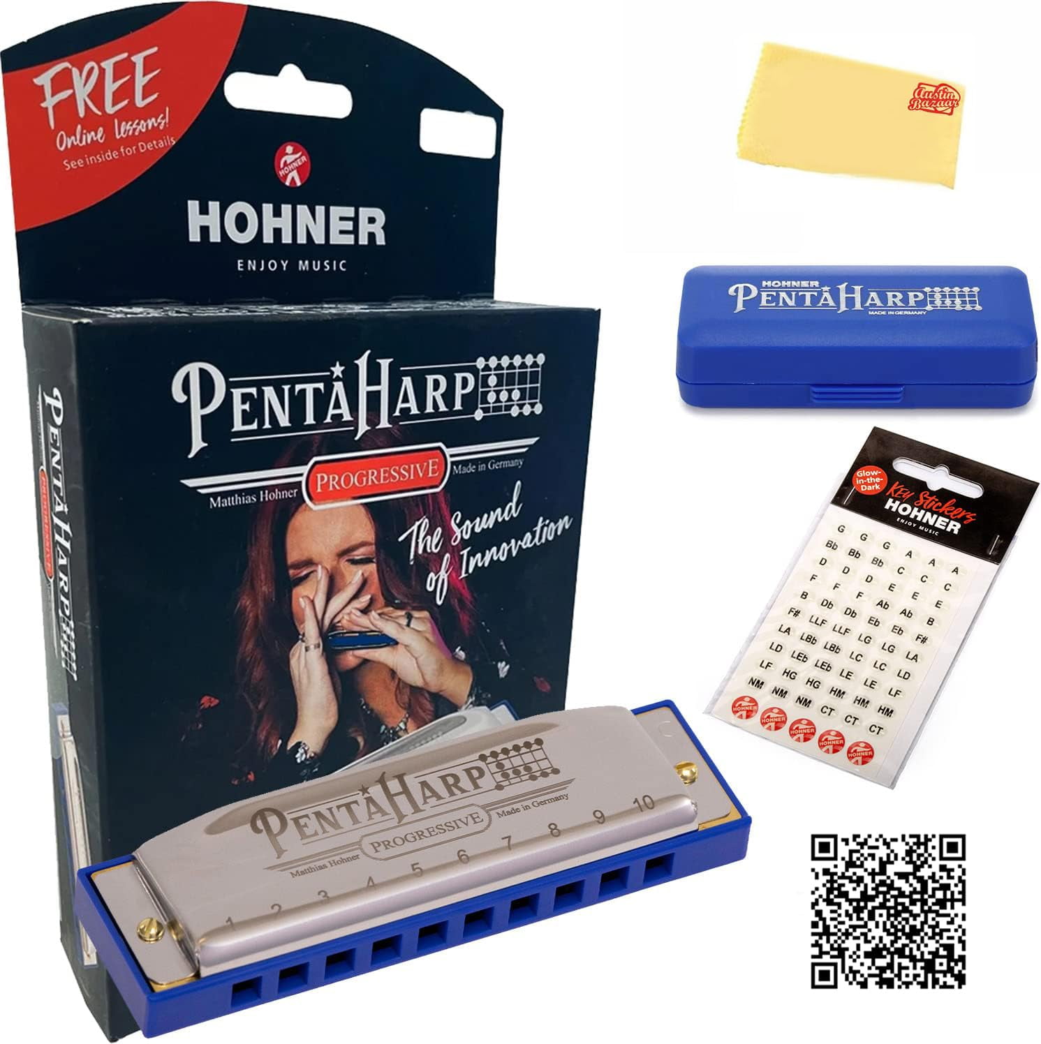 Hohner PentaHarp Harmonica - Key of A Minor Bundle with Key Stickers, Plastic Case, Online Manual, and Austin Bazaar Polishing Cloth