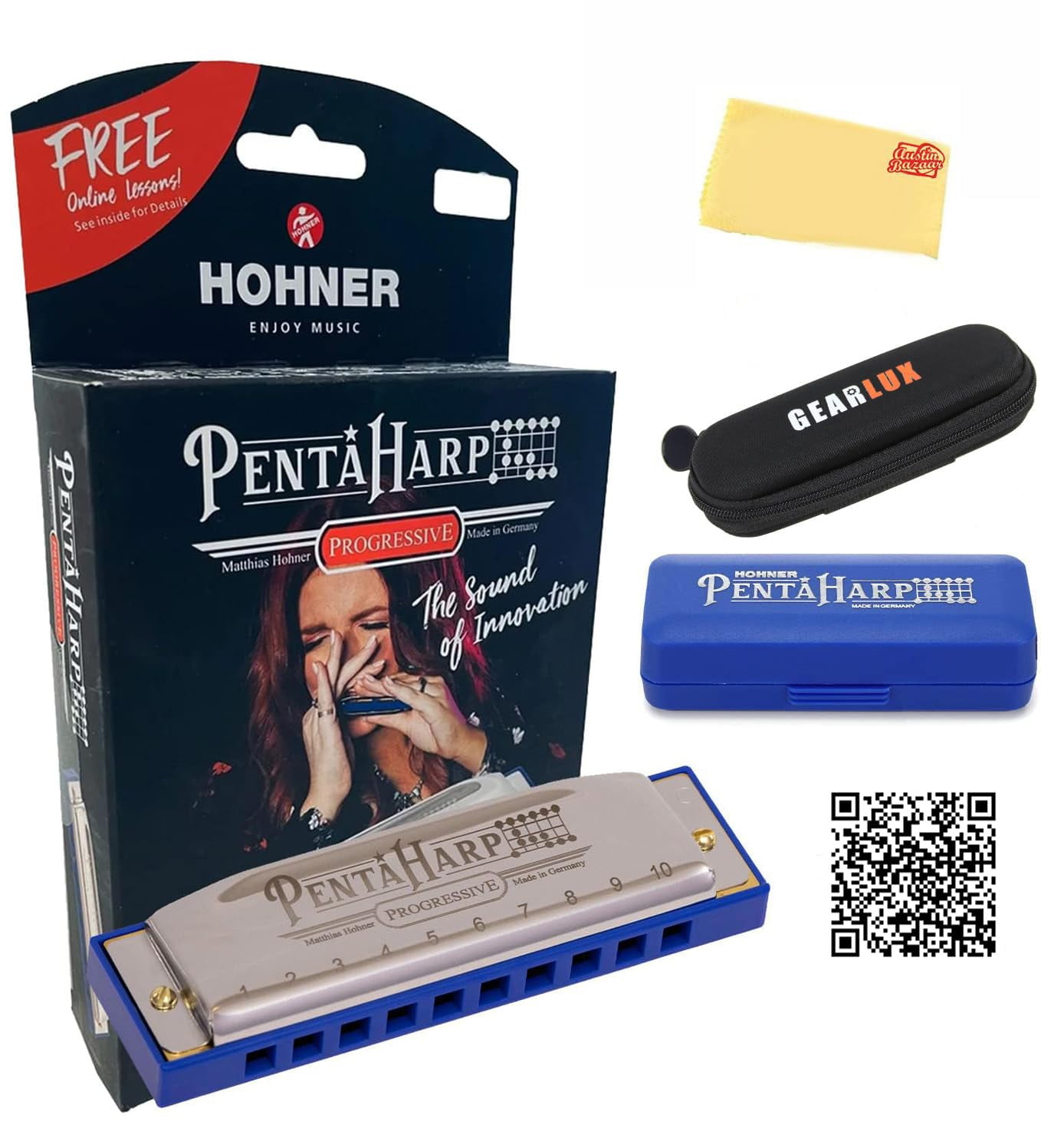 Hohner PentaHarp Harmonica - Key of E Minor Bundle with Case, Pouch, Online Manual, and Austin Bazaar Polishing Cloth