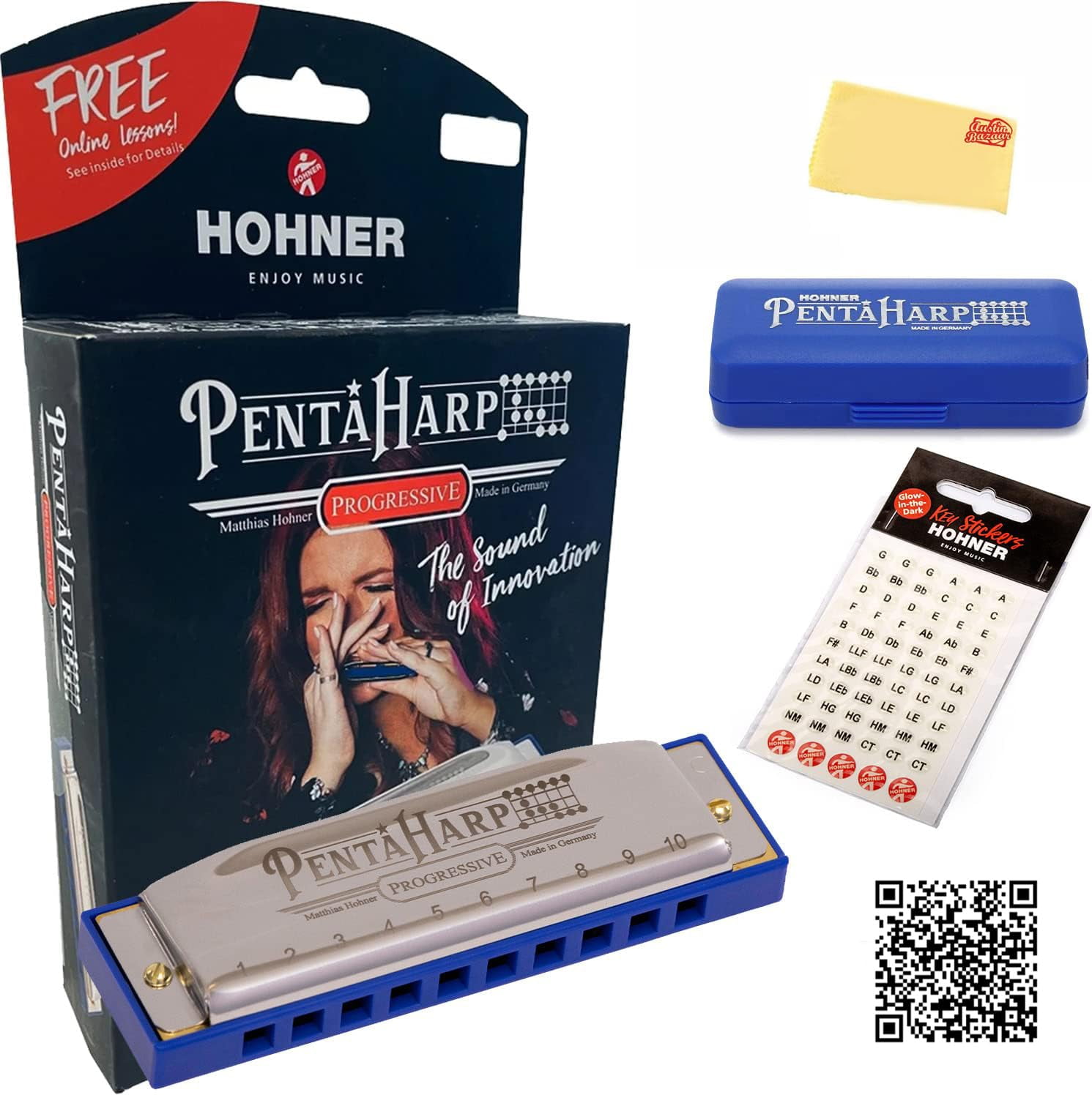Hohner PentaHarp Harmonica - Key of E Minor Bundle with Key Stickers, Plastic Case, Online Manual, and Austin Bazaar Polishing Cloth