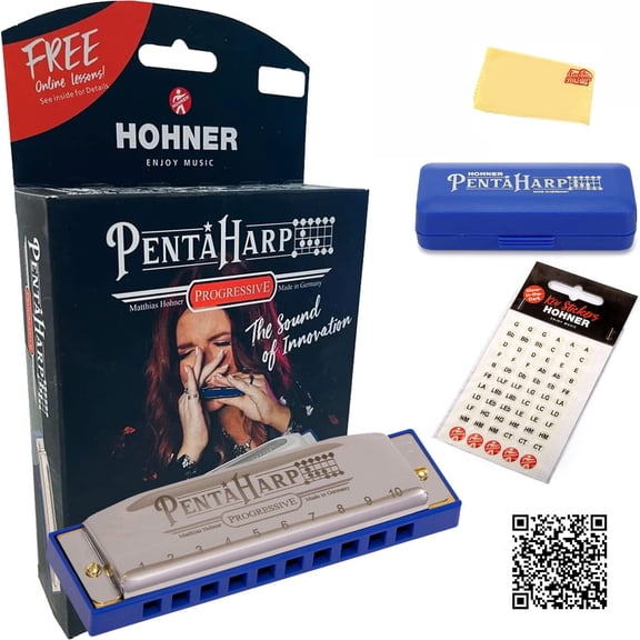 Hohner PentaHarp Harmonica - Key of E Minor Bundle with Key Stickers, Plastic Case, Online Manual, and Austin Bazaar Polishing Cloth