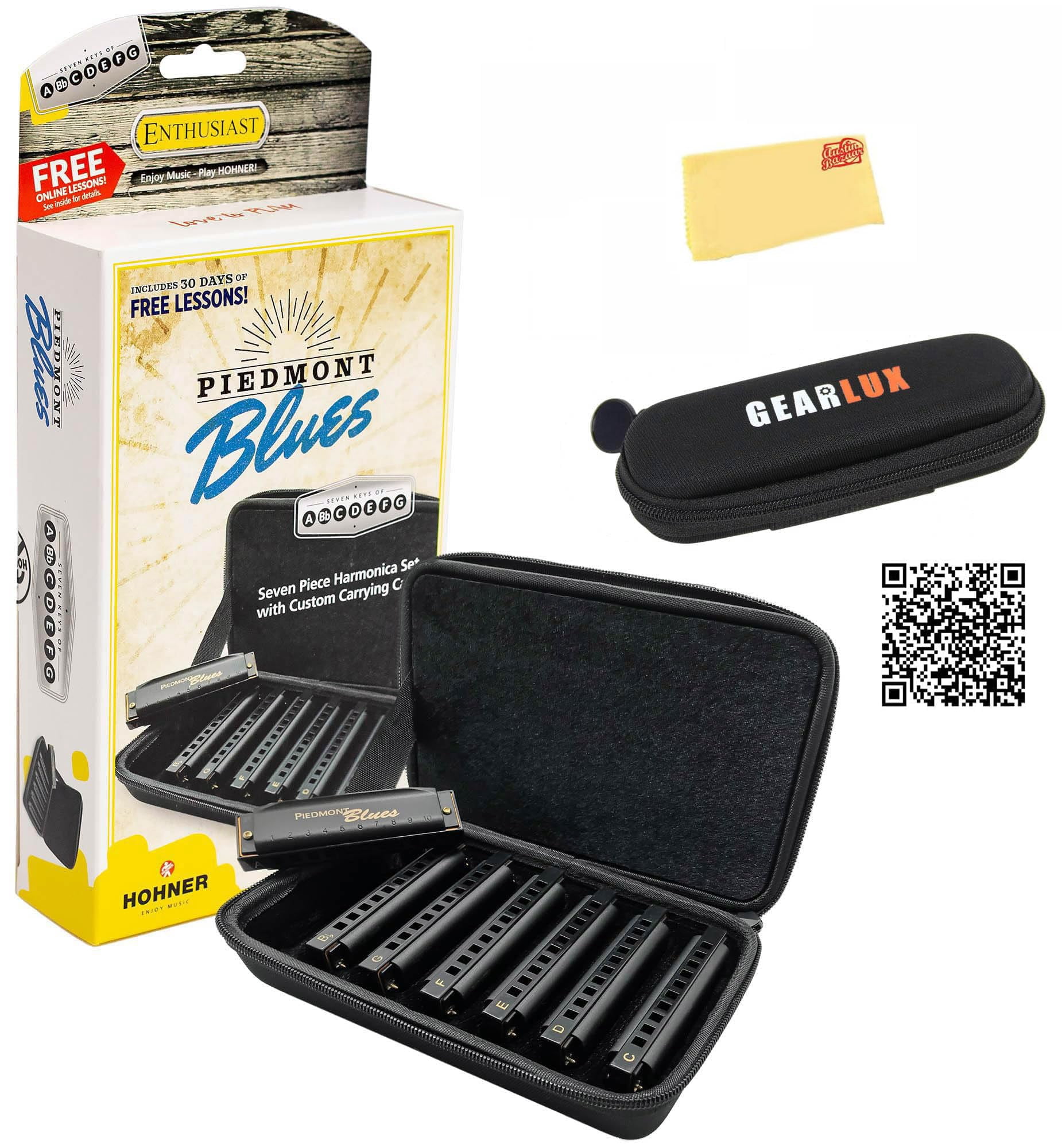 Hohner Piedmont Blues Harmonica 7 Pack - Keys of G, A, Bb, C, D, E, F Bundle with Case, Zip Pouch, Online Manual, and Austin Bazaar Polishing Cloth