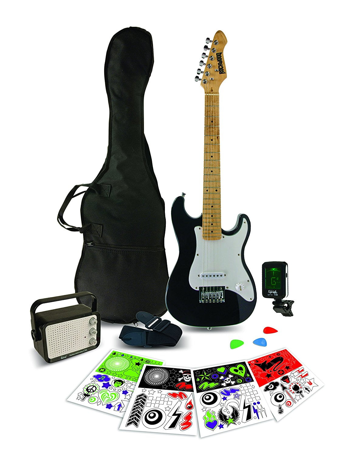 Hohner Rockwood 3/4 Electric Guitar Package w/ Amp,Tuner, Strap, Picks & Stickers - Black