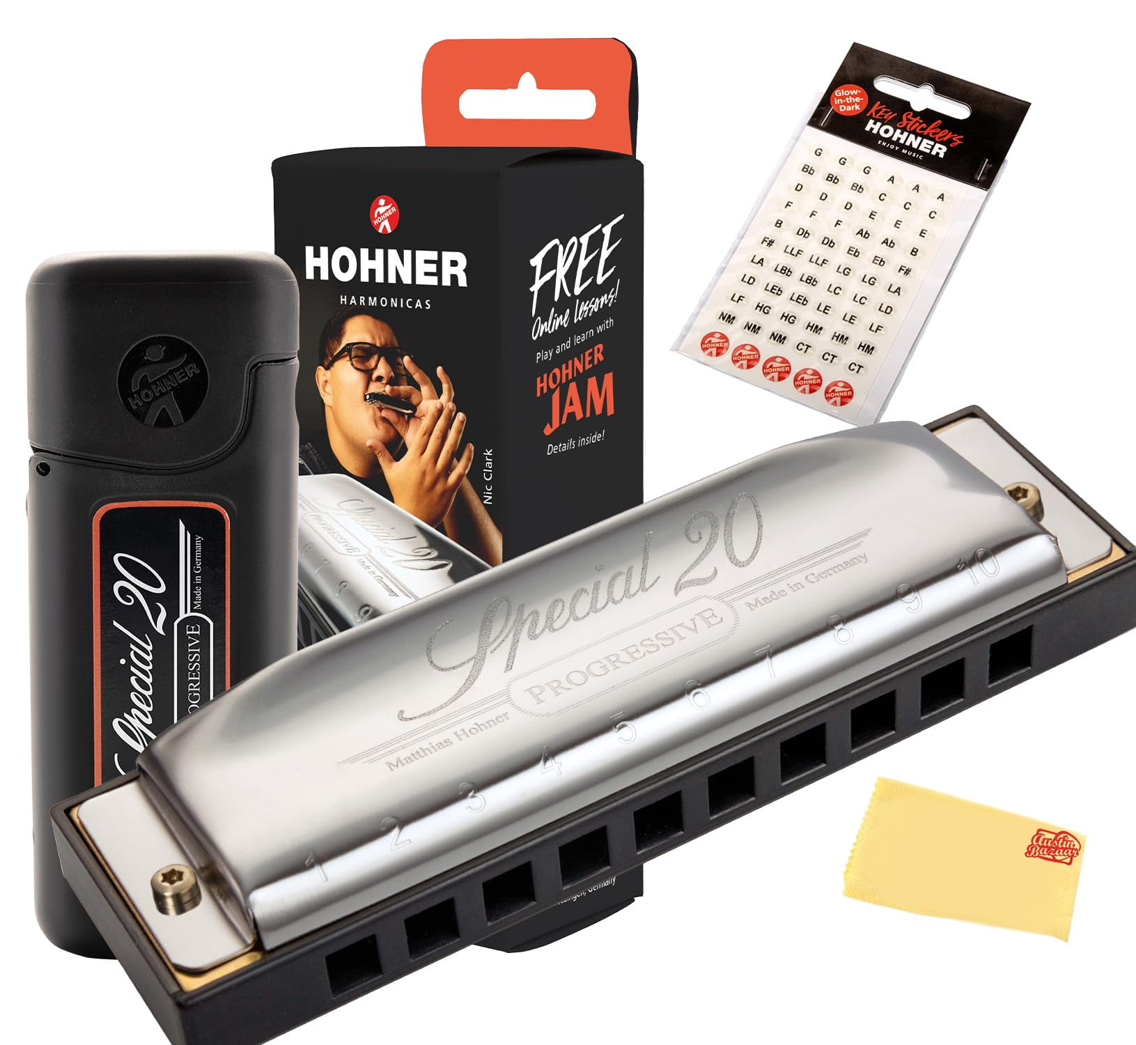 Hohner Special 20 Country Tuned Harmonica - Key of C Bundle with Case, Key Stickers, and Austin Bazaar Polishing Cloth