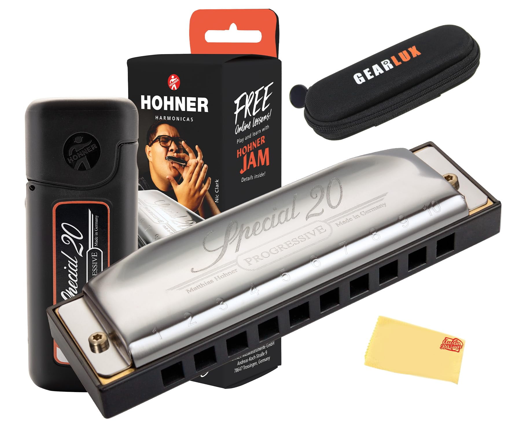 Hohner Special 20 Country Tuned Harmonica - Key of C Bundle with Case, Pouch, and Austin Bazaar Polishing Cloth
