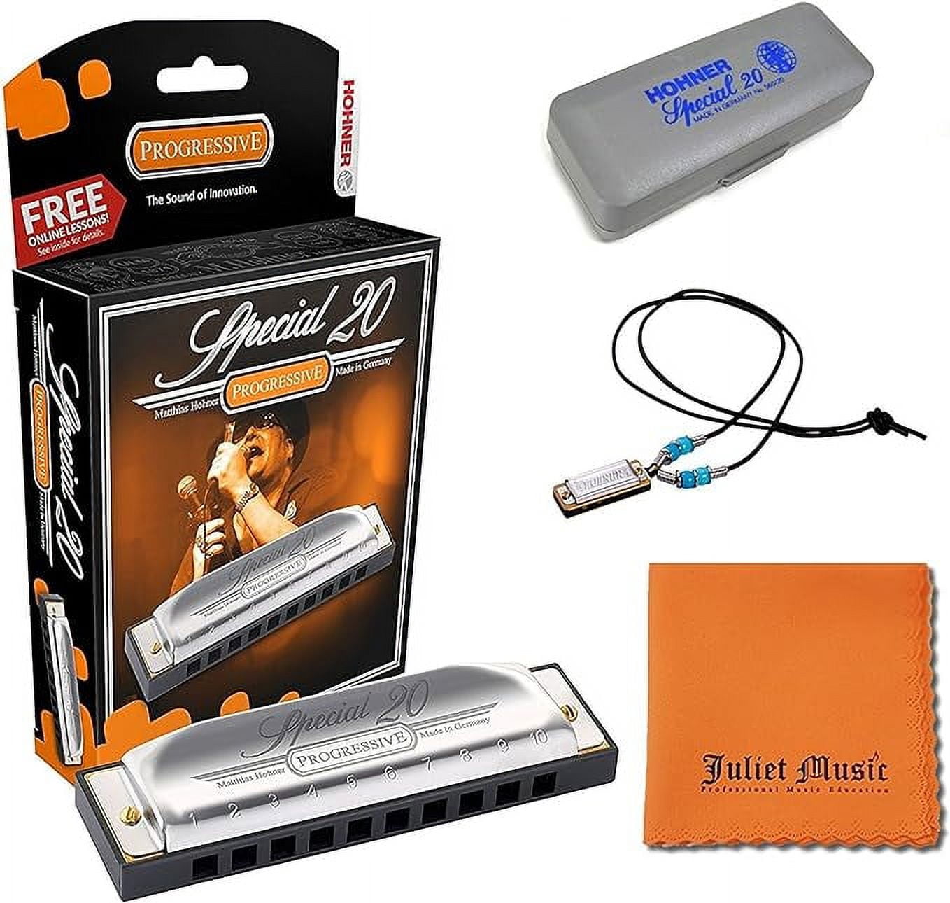 Hohner Special 20 Harmonica, 10 Holes Key G Bundle Hard Case, Mini Harmonica Necklace Juliet Music Polishing Cloth