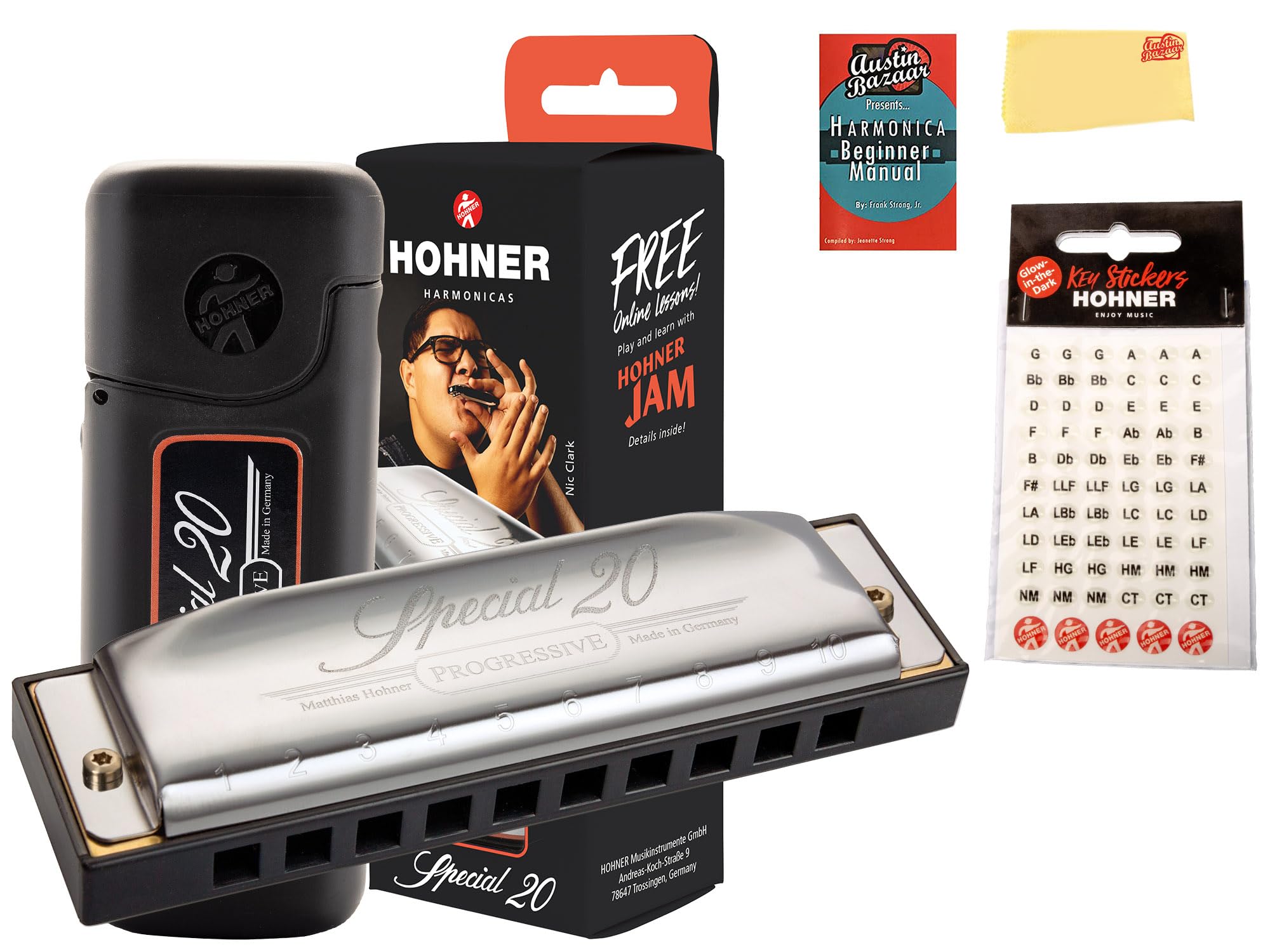 Hohner Special 20 Harmonica - Key of C Bundle with Key Stickers, Plastic Case, Instructional Manual, and Austin Bazaar Polishing Cloth