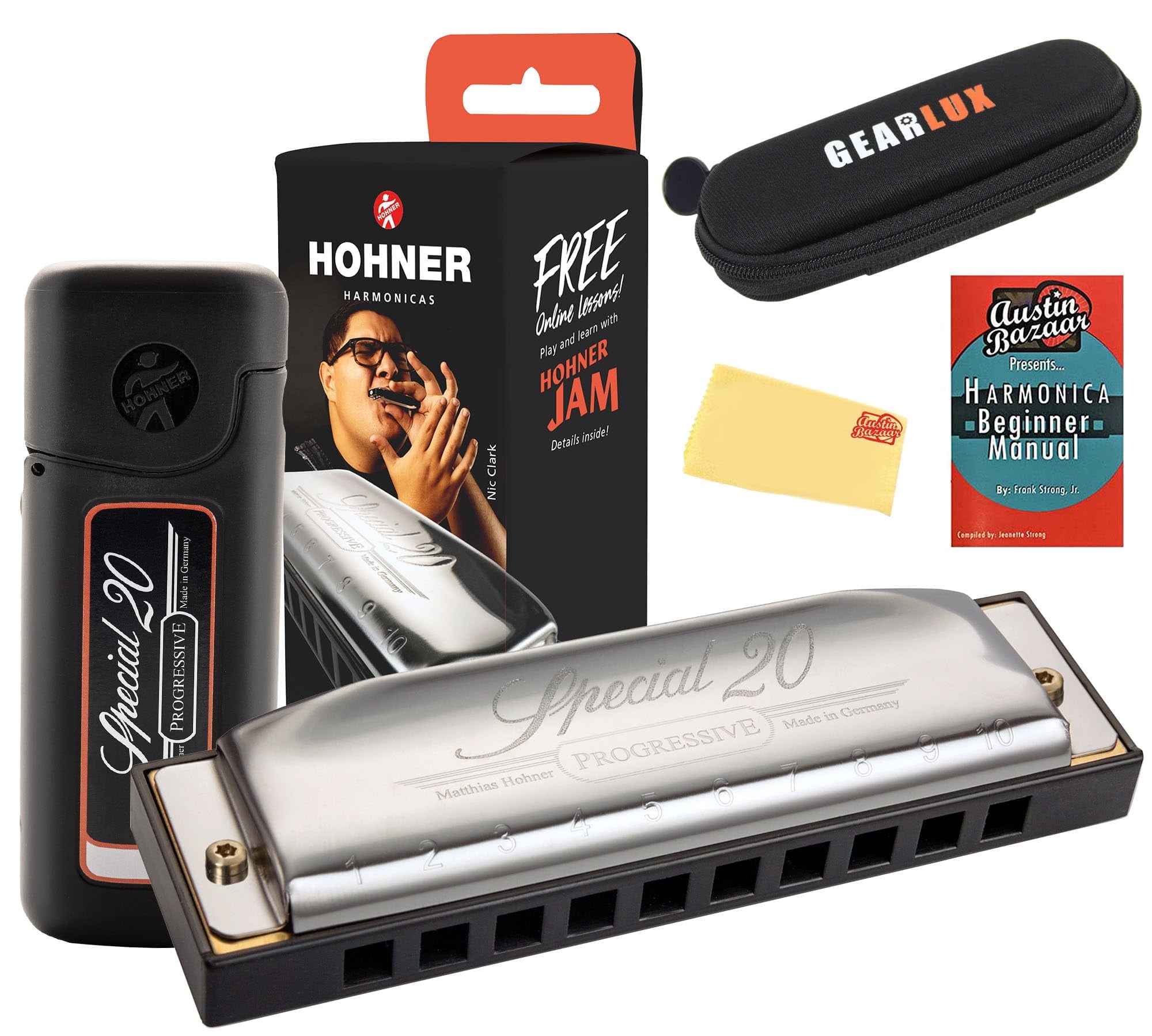 Hohner Special 20 Harmonica - Key of C Bundle with Zip Case, Instructional Manual, and Austin Bazaar Polishing Cloth