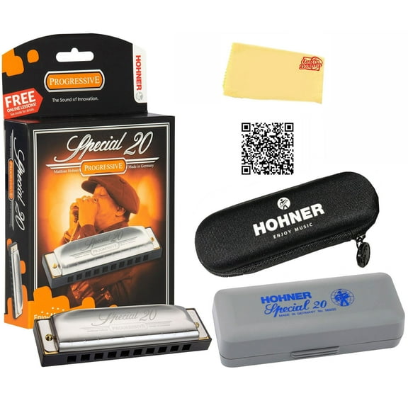 Hohner Special 20 Harmonica - Key of E Flat Bundle with Carrying Case, Pouch, Online Manual, and Austin Bazaar Polishing Cloth