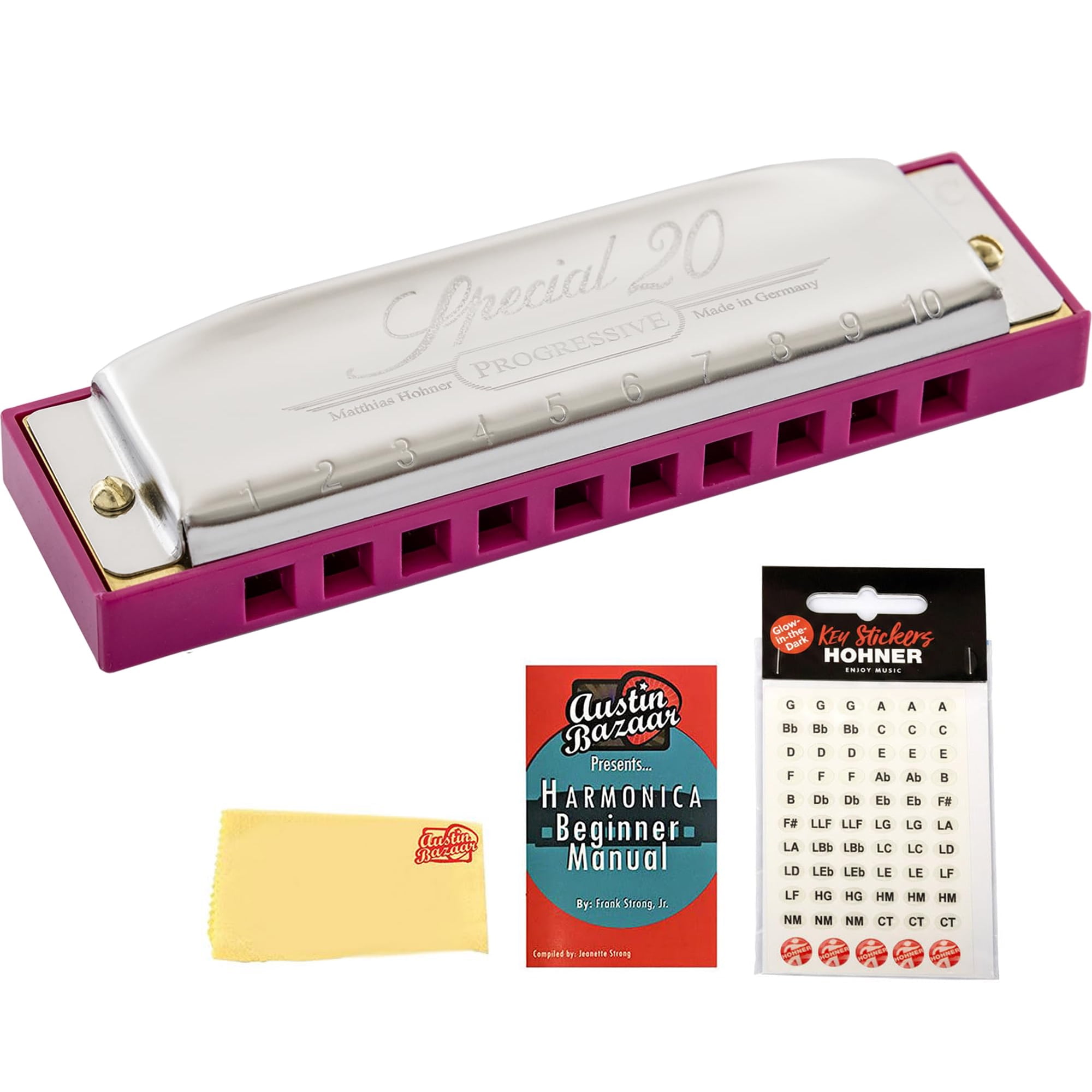 Hohner Special 20 Pink Harmonica - Key of C Bundle with Key Stickers, Case, Instructional Manual, and Austin Bazaar Polishing Cloth