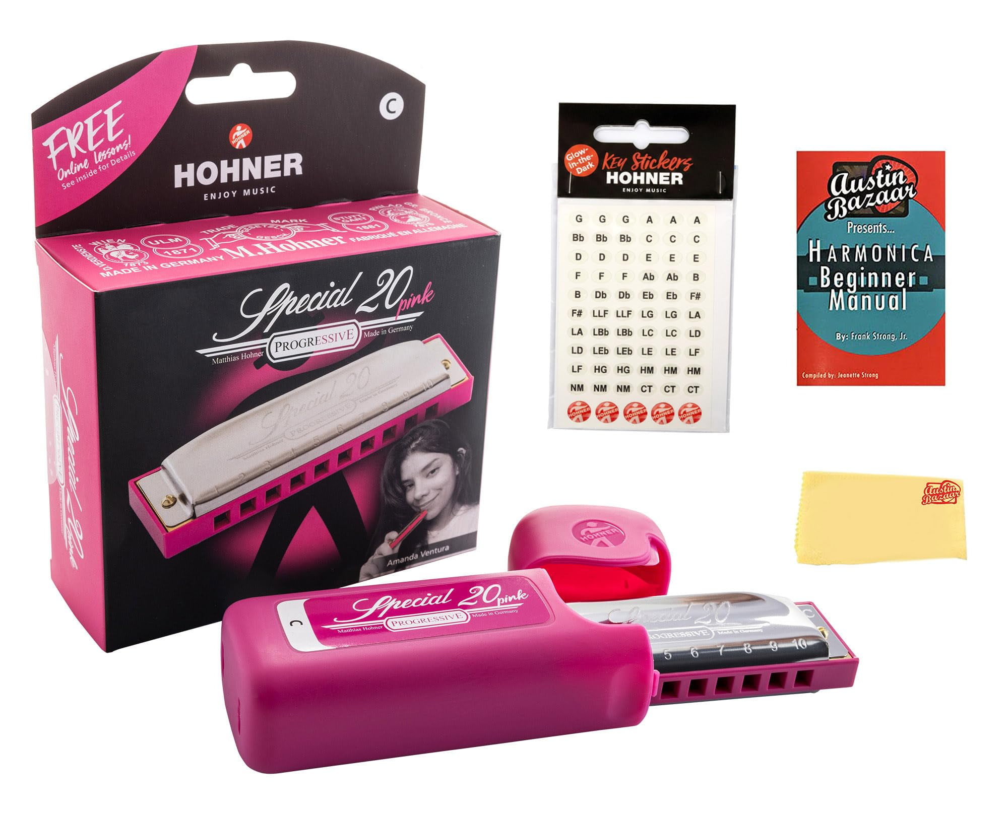 Hohner Special 20 Pink Harmonica - Key of C Bundle with Key Stickers, Case, Instructional Manual, and Austin Bazaar Polishing Cloth