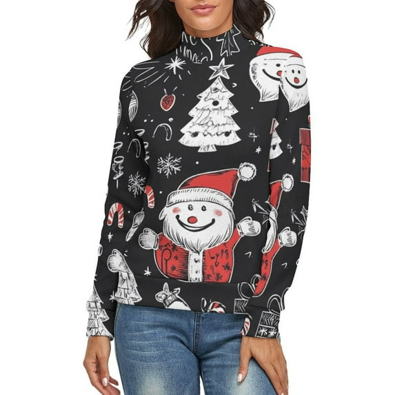 Hohoho Christmas Doodle Set Women's Turtleneck Sweater Long Sleeve Ribbed Fitted Turtle Neck Casual Fall Winter Collection Top L